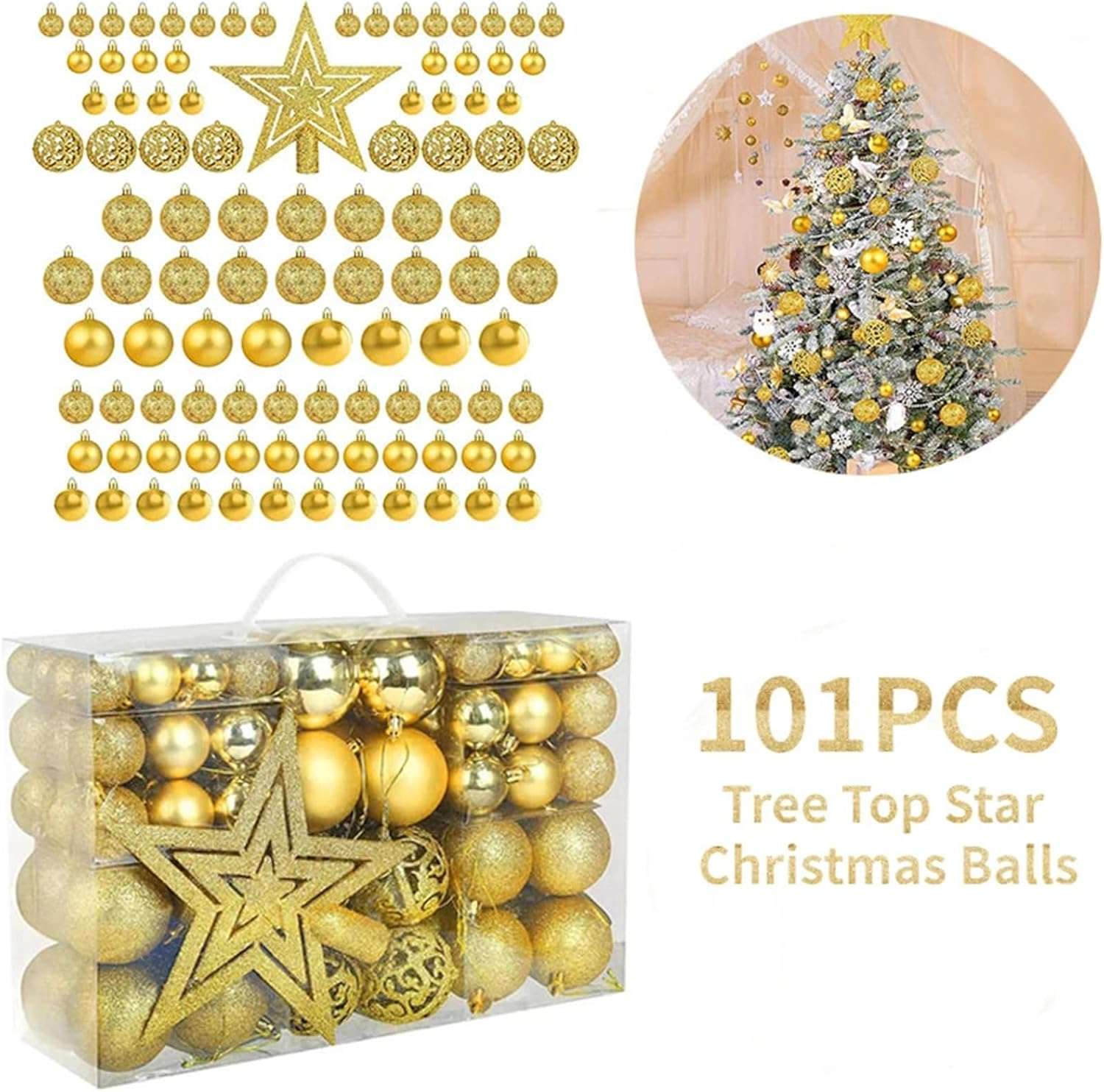 101Pcs Gold Christmas Ball Ornaments, Shatterproof Baubles Festive Wedding Hanging Decorations with Hooks for Christmas Tree Home Holiday Party Decor Birthday Gift (101PC Golden) image number 5