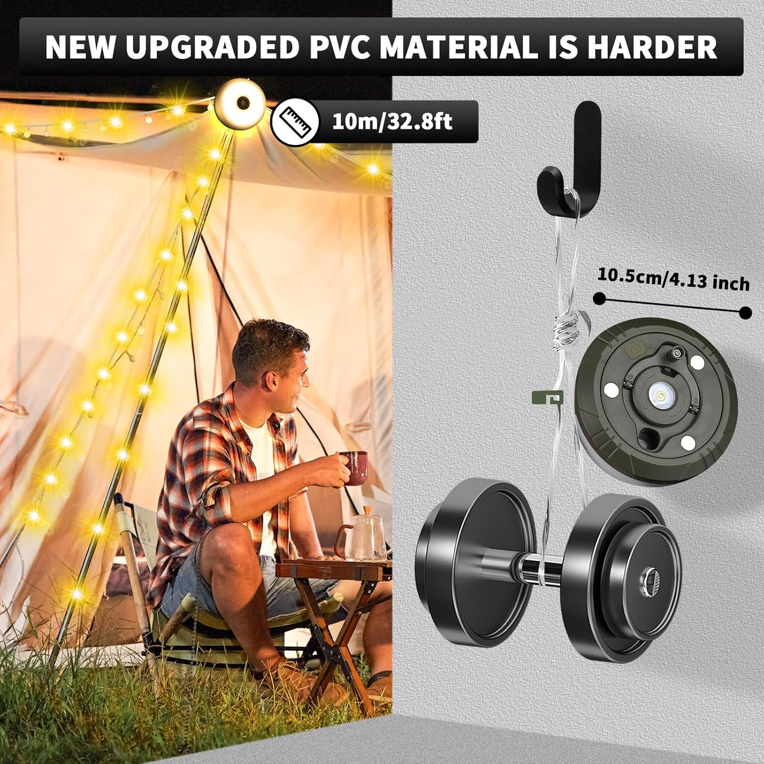 10M Camping String Lights Waterproof Outdoor with 8 Modes, USB-C Rechargeable 2000Mah Battery, Magnetic & Hanging Fixing, Quick-Reel Storage for Tent Hiking Emergency image number 3