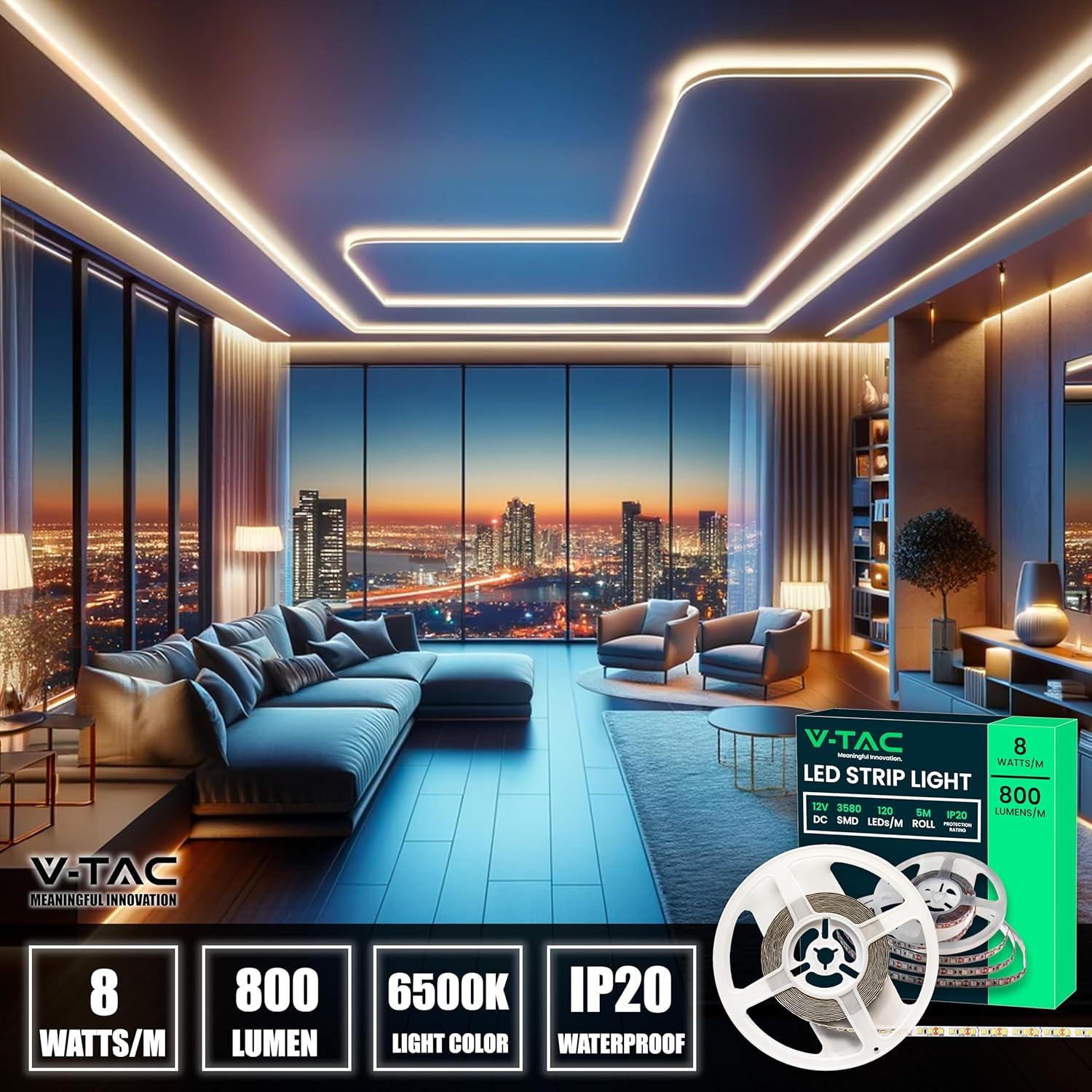 V-TAC SMD 3528 LED Strip 8W 5 Meters Self Adhesive Home Kitchen Bedroom Indoor 800 Lumens Power Supply 12V Cool White 6500K image number 5
