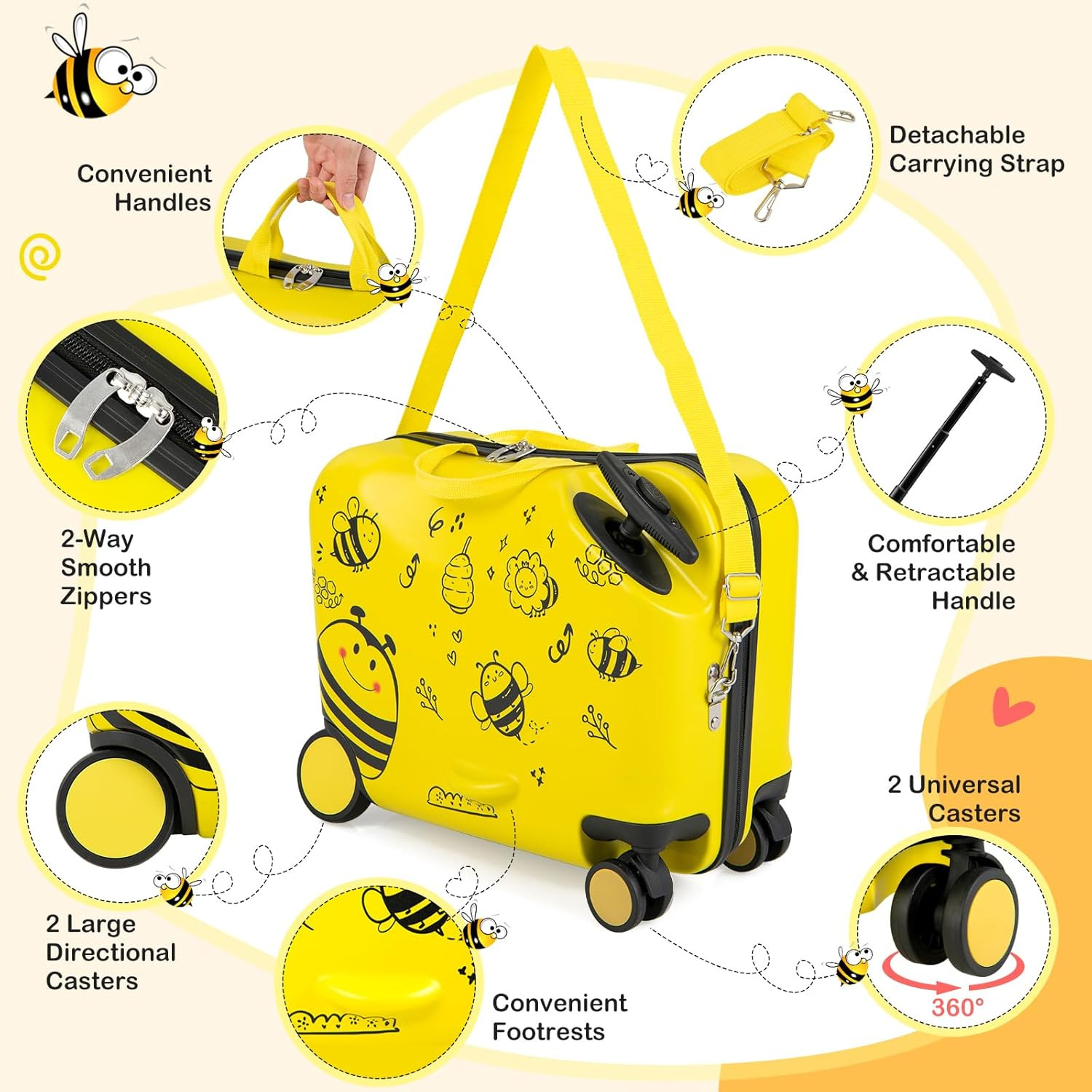 Costway 2 PCS Kids Ride-On Luggage Set, Portable Carry-On Suitcase & Backpack Set W/Anti-Lose Rope, Retractable Rod, Adjustable Strap, Rolling Hardshell Trolley Luggage for over 3 Years Old image number 6