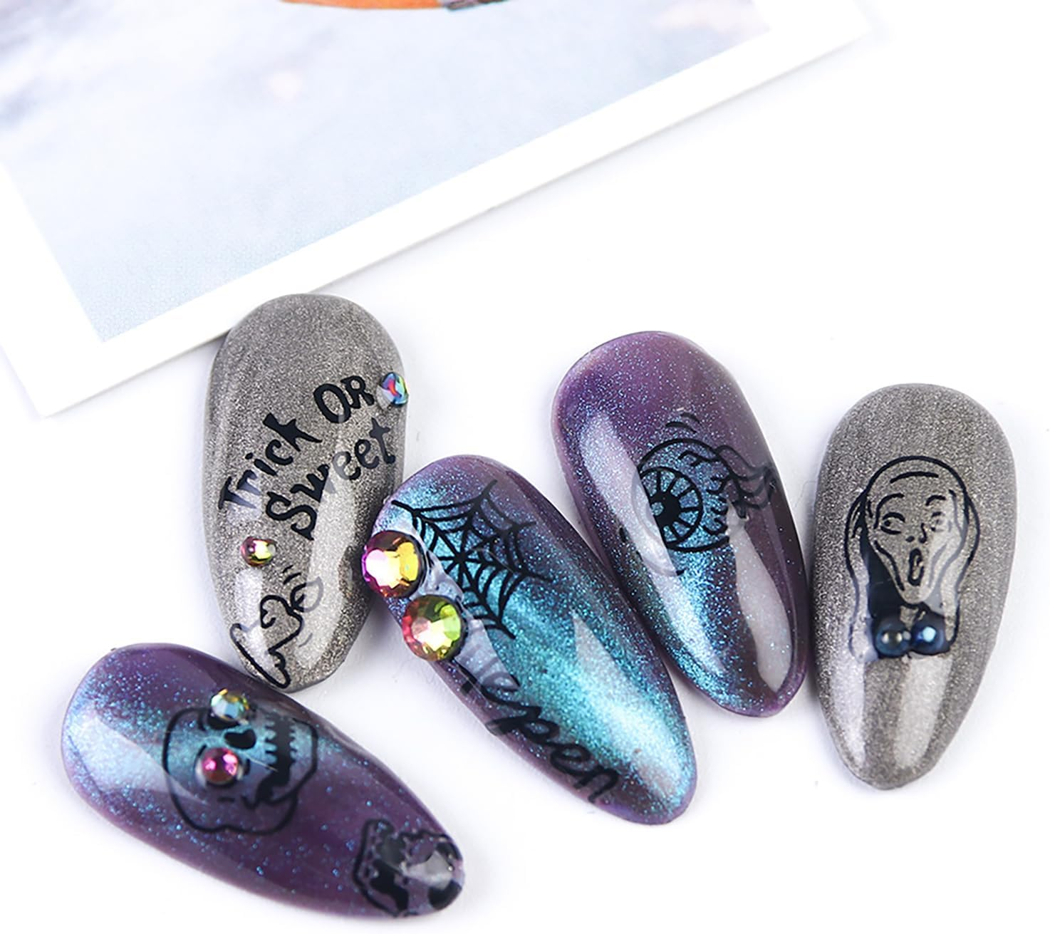 Halloween Nail Art Stickers Decals Laser Glitter 3D Self-Adhesive Nail Design Day of the Dead Skull Witch Pumpkin Ghost Gross Eye Spider Nail Supplies for Women Manicure Tips Decoration (9 Sheets) image number 1