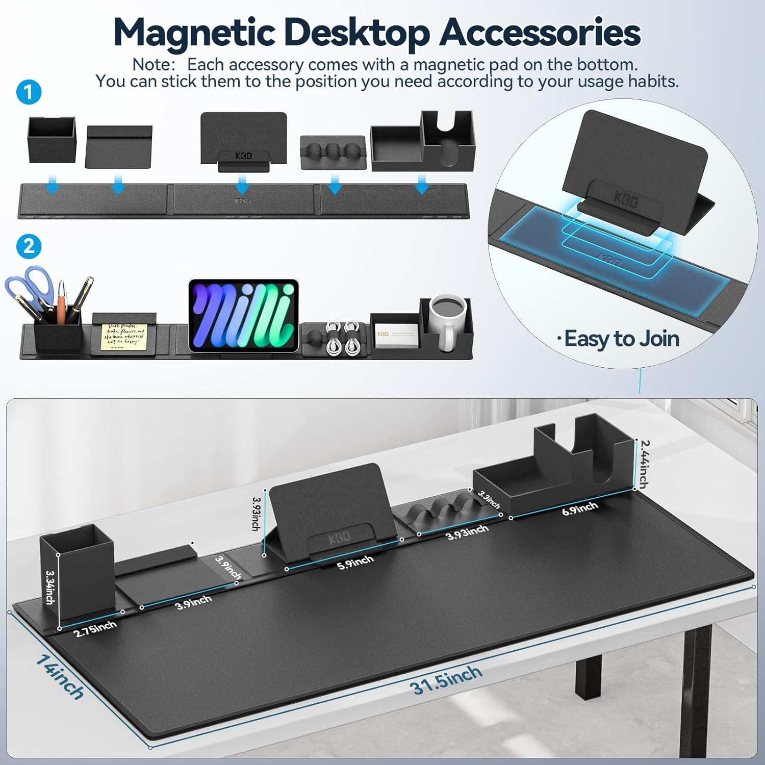 KDD Desk Pad and Organizer Set, 6 in 1 Mouse Mat with Magnetic Desktop Storage Accessories DIY Feature for Phone and Tablet Stand/Cup Holder/Card Holder/Pen Holder/Cable Management for Office and Home image number 1