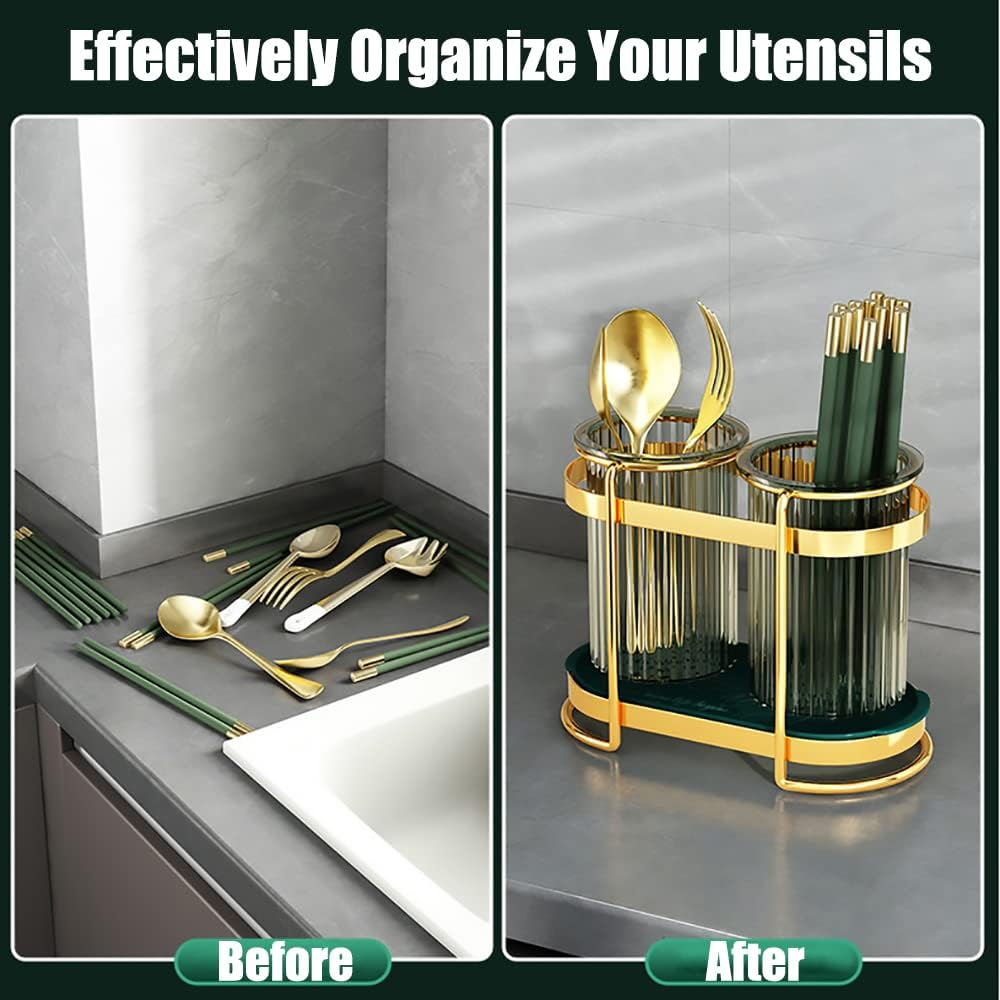 FOREVERIE Gold Metal Cutlery Holder Organizer with Draining Drip Holes & Flatware Drainer Plate, Kitchen Utensil Holder Organiser Drying Rack for Chopstick, Fork, Spoon Etc. image number 2
