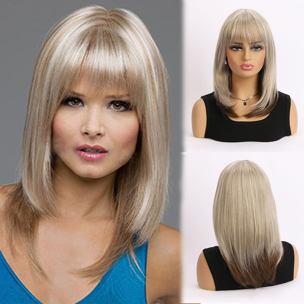 AUBWIG Blonde Mixed Brown Bob Wig with Fringe, 15 Inches, Natural Short Straight Wigs for Women, Medium Length Bob Hair, Synthetic Wigs for Daily Use (Blonde Mixed Brown) image number 3