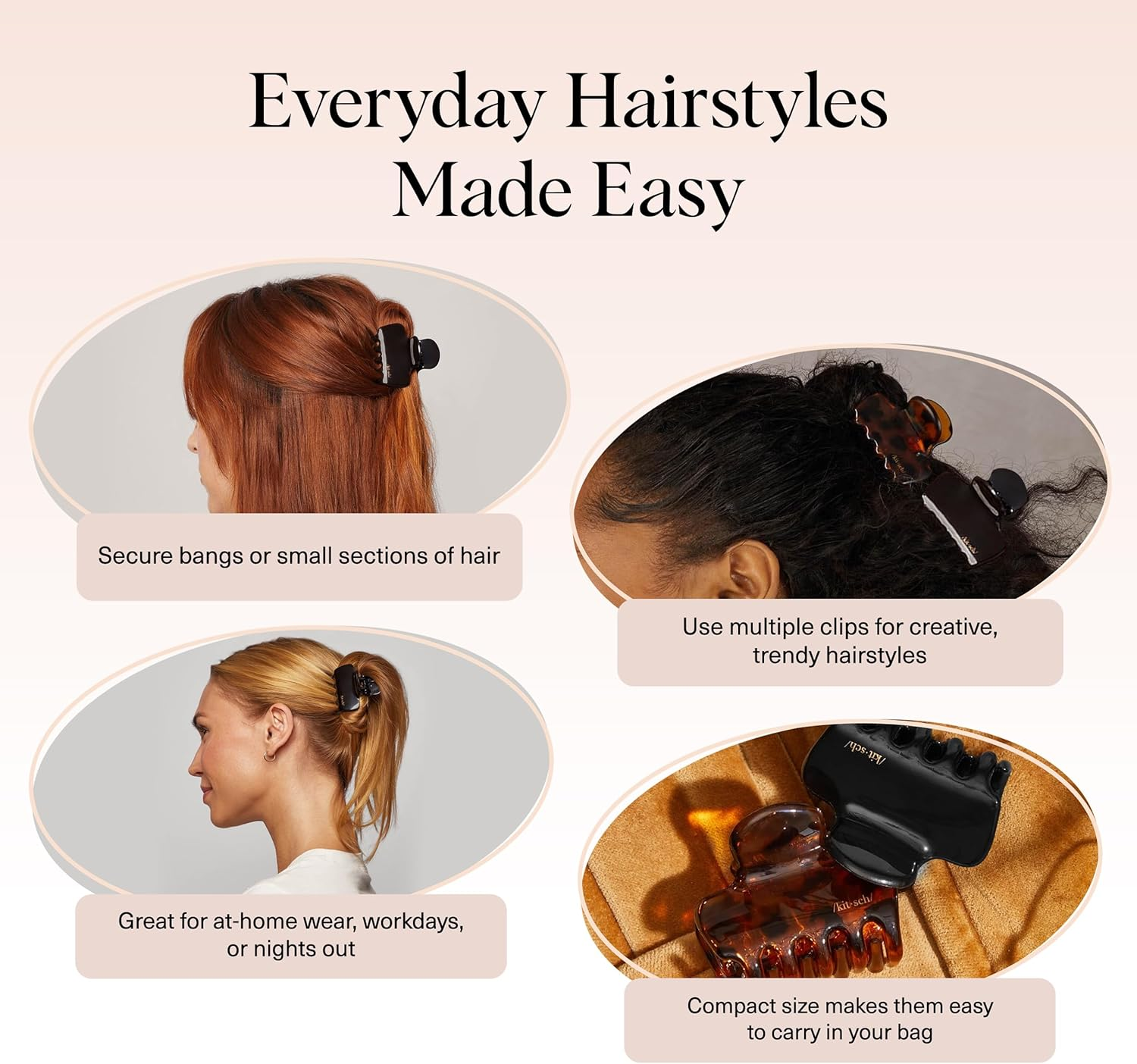 Kitsch Medium Claw Clips for Women - Strong Hold & Stylish Glossy Puffy Design Hair Accessories | Ideal for Girls and Women with Thick & Thin Hair, Half-Up or Full Updos - 2Pc Set, Black & Tort image number 5