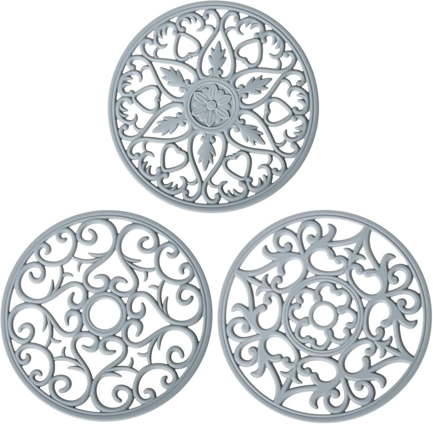 Trivets for Hot Dishes, Silicone Trivets Hot Pads for Pots and Pans, Carved Trivet for Kitchen, Multi Purpose Heat Resistant Mat, round Silicone Plate Mats Set 3 Black