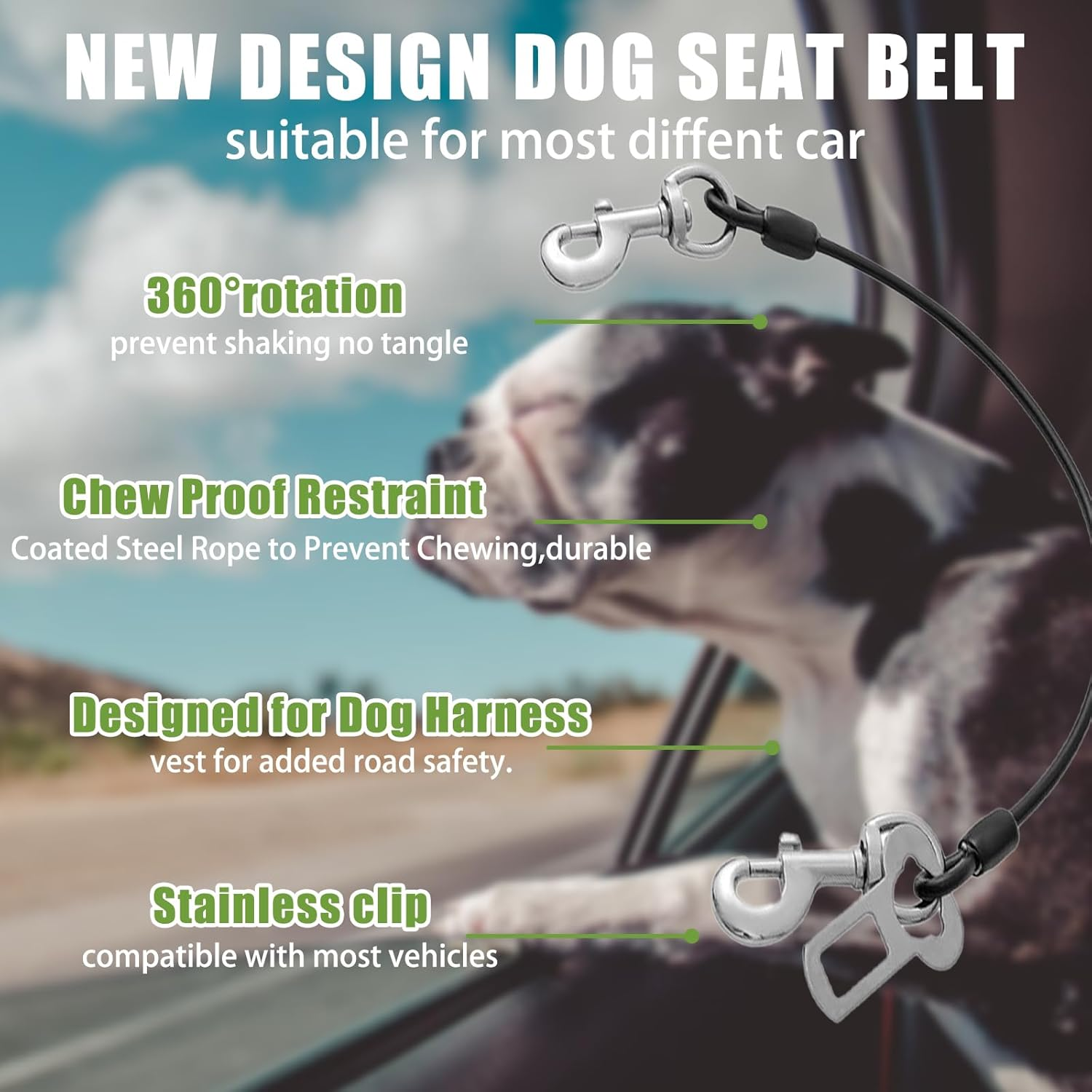 Car Harness for Dogs, Heavy Duty Steel Rope, Pet Dog Seat Belt, Made of Carbon Steel, Chew Resistant Tether Rope, Vehicle Harness with Double Clips and Locking Fastener, 2 Pack image number 5
