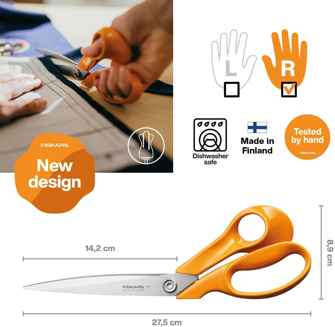 Fiskars Classic 1075056 Right-Handed Dressmaking Scissors, Total Length: 27.5 Cm, Improved Torx Screw and Ergonomic Handle, Quality Steel/Plastic, Orange image number 1