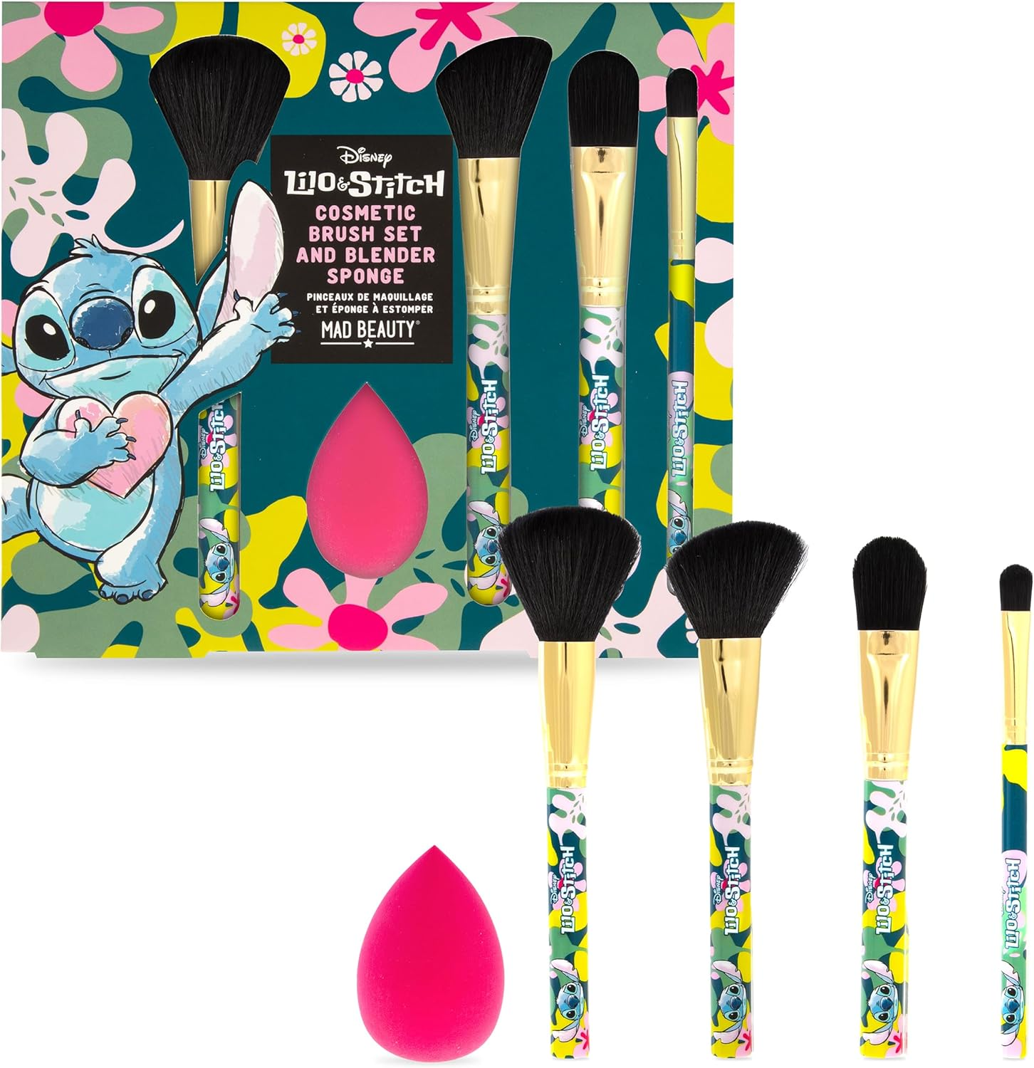 MAD Beauty Disney Lilo & Stitch Cosmetic Brush Set - Multicolor, Synthetic Hair, Polyester Bristles, Wand, Oval Brush, Palm round Brush - for Blush, Bronzer, Highlighting