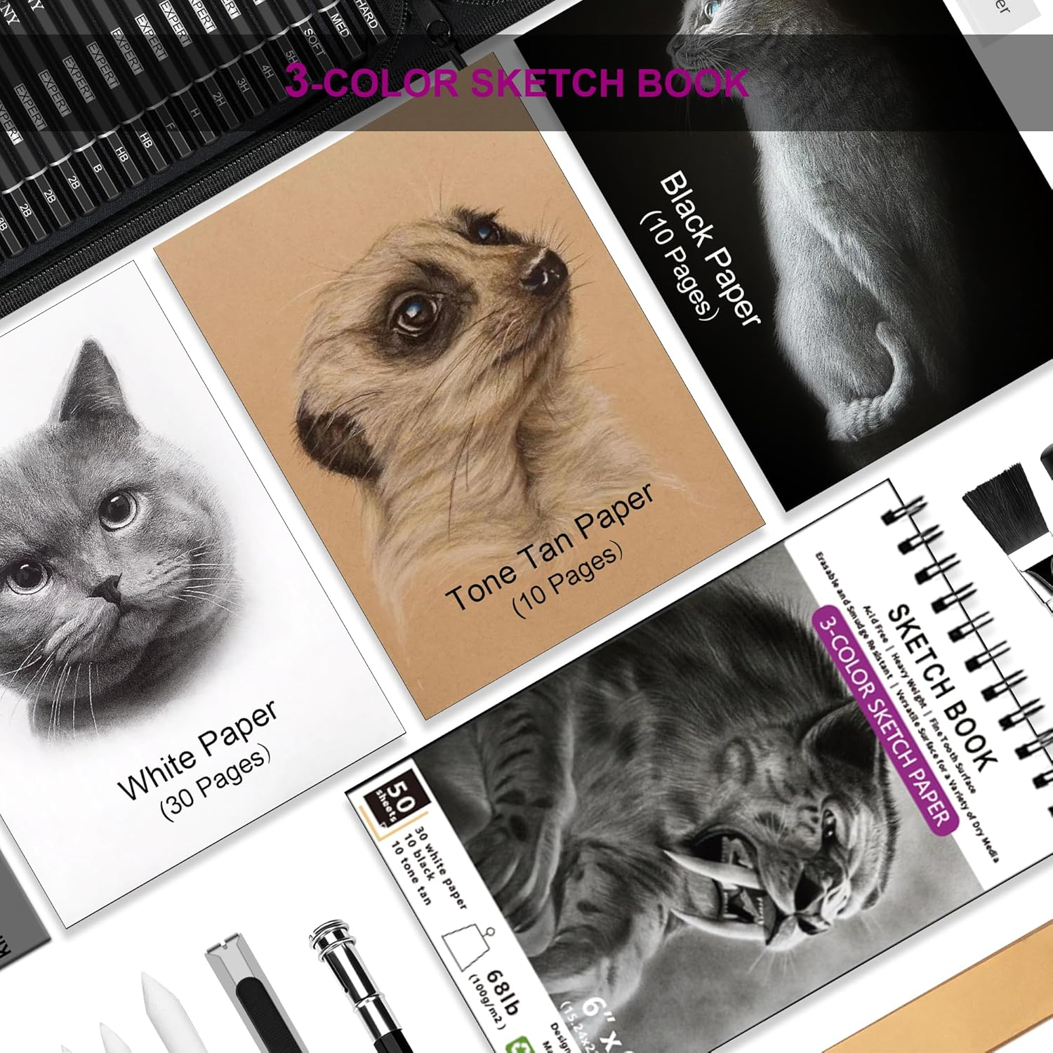58 PCS Drawing Kit Sketching Pencil Set,Sketch Pencils Art Supplies with 3-Color Sketchbook,Graphite,Charcoal,Blending Tools,Drawing Pencils for Adults Artists image number 1