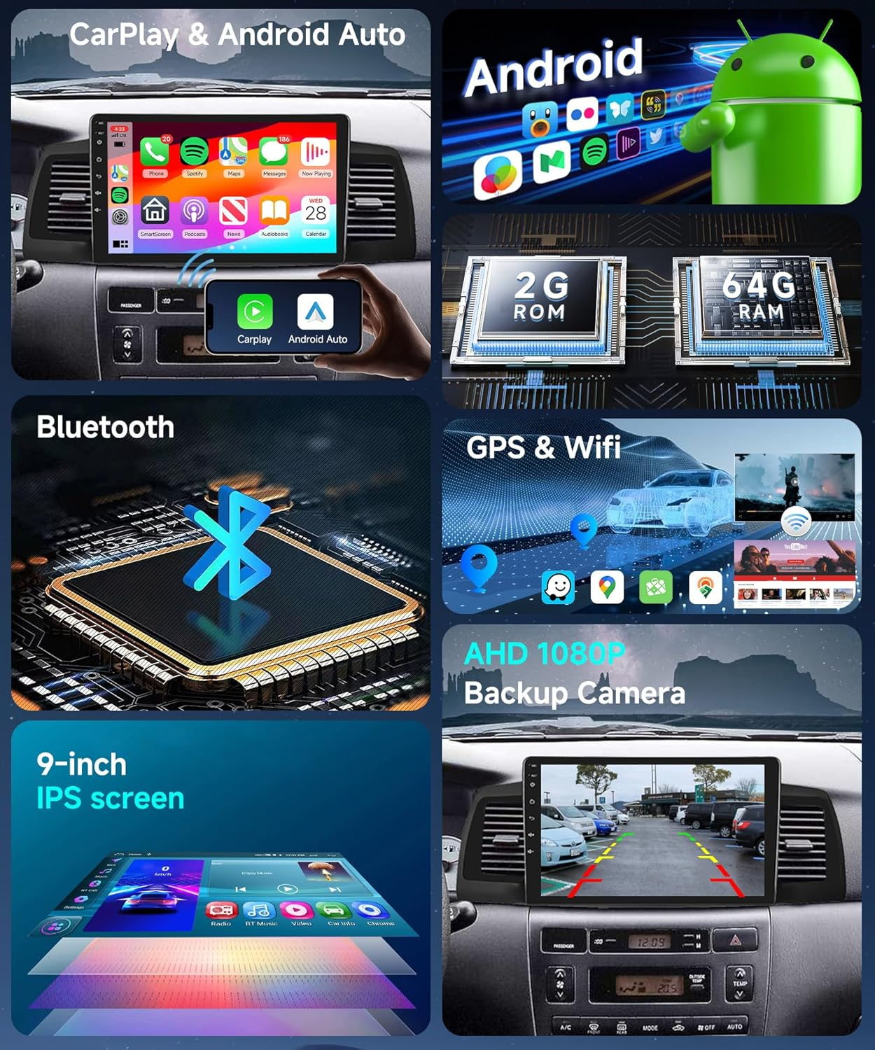 2G 64G Car Stereo Radio for Toyota Corolla EX 2005-2012 with Wireless Carplay Android Auto Mirrorlink, Podofo 9Inch HD IPS Touch Screen Bluetooth Car Radio with GPS EQ Wifi SWC Backup Camera Mic 28Uis image number 2