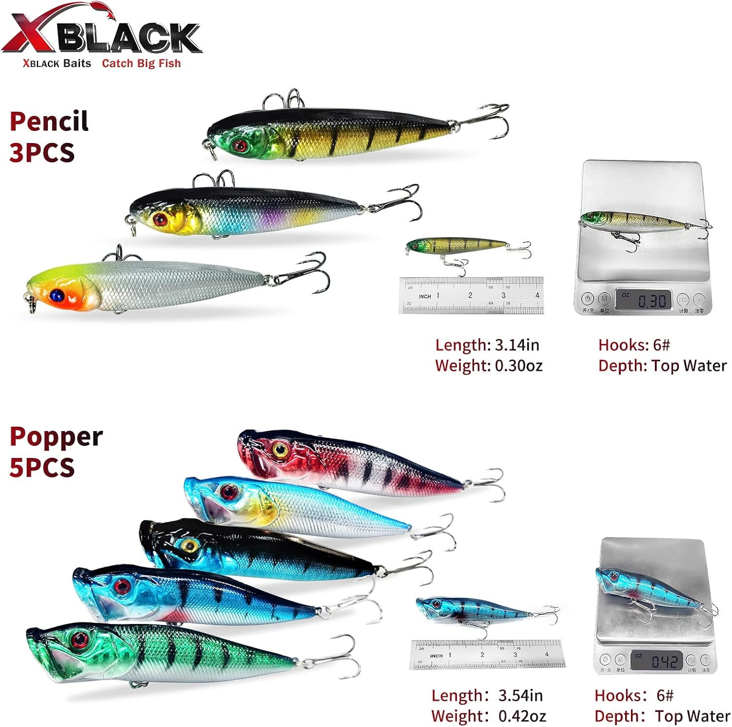 XBLACK Hard Fishing Lures Set Minnow Popper Jointed VIB Shrimp Frogs Crankbaits for Beginner Starter, XBLACK Baits, Catch Big Fish! - Colorful-48A image number 7