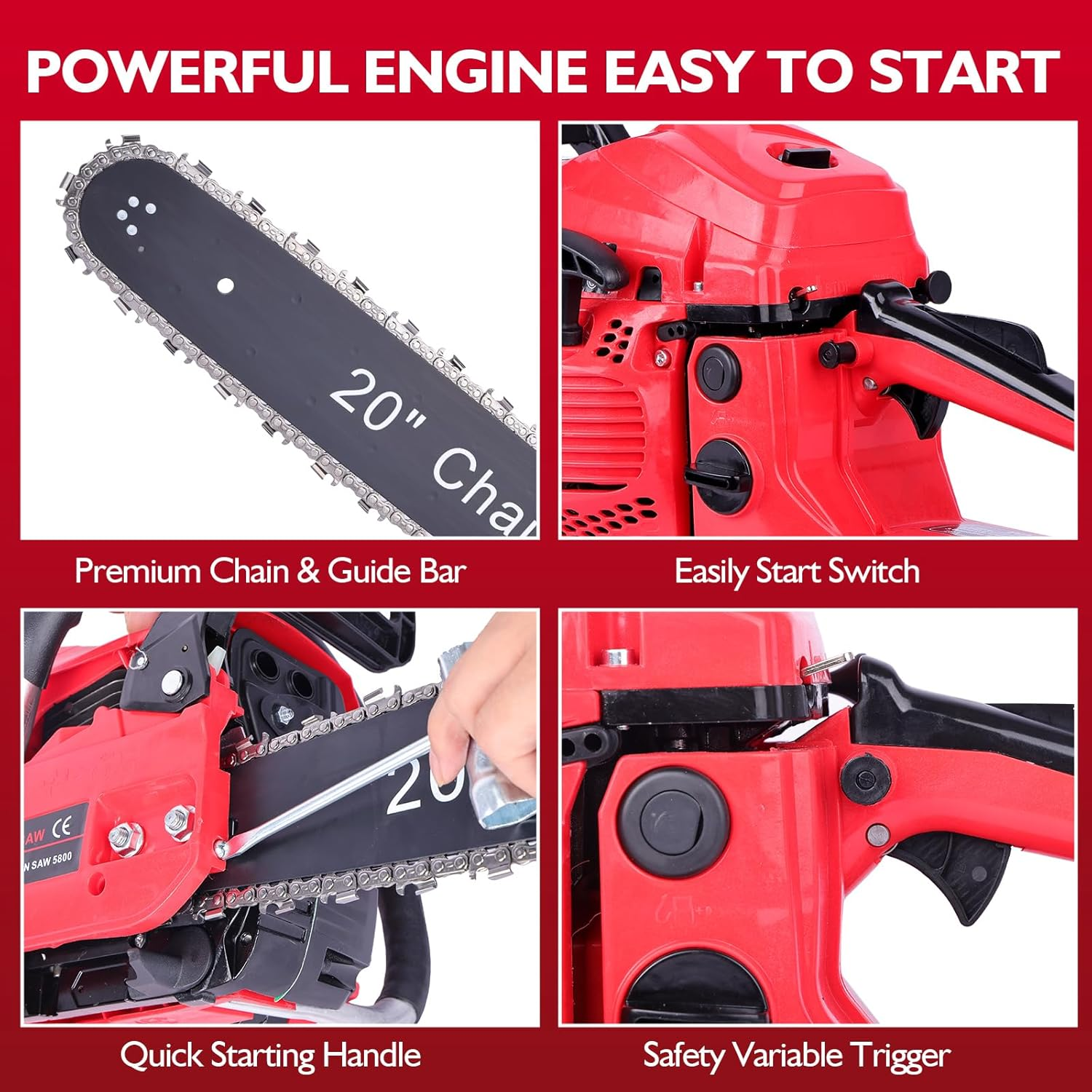 58CC Gas Chainsaw, 20 Inch Power Chain Saw, 2200W 2-Cycle Handed Petrol Chainsaws Gasoline Chainsaws Garden Tool for Cutting Trees, Wood, Outdoor Home Garden and Farm Use image number 3