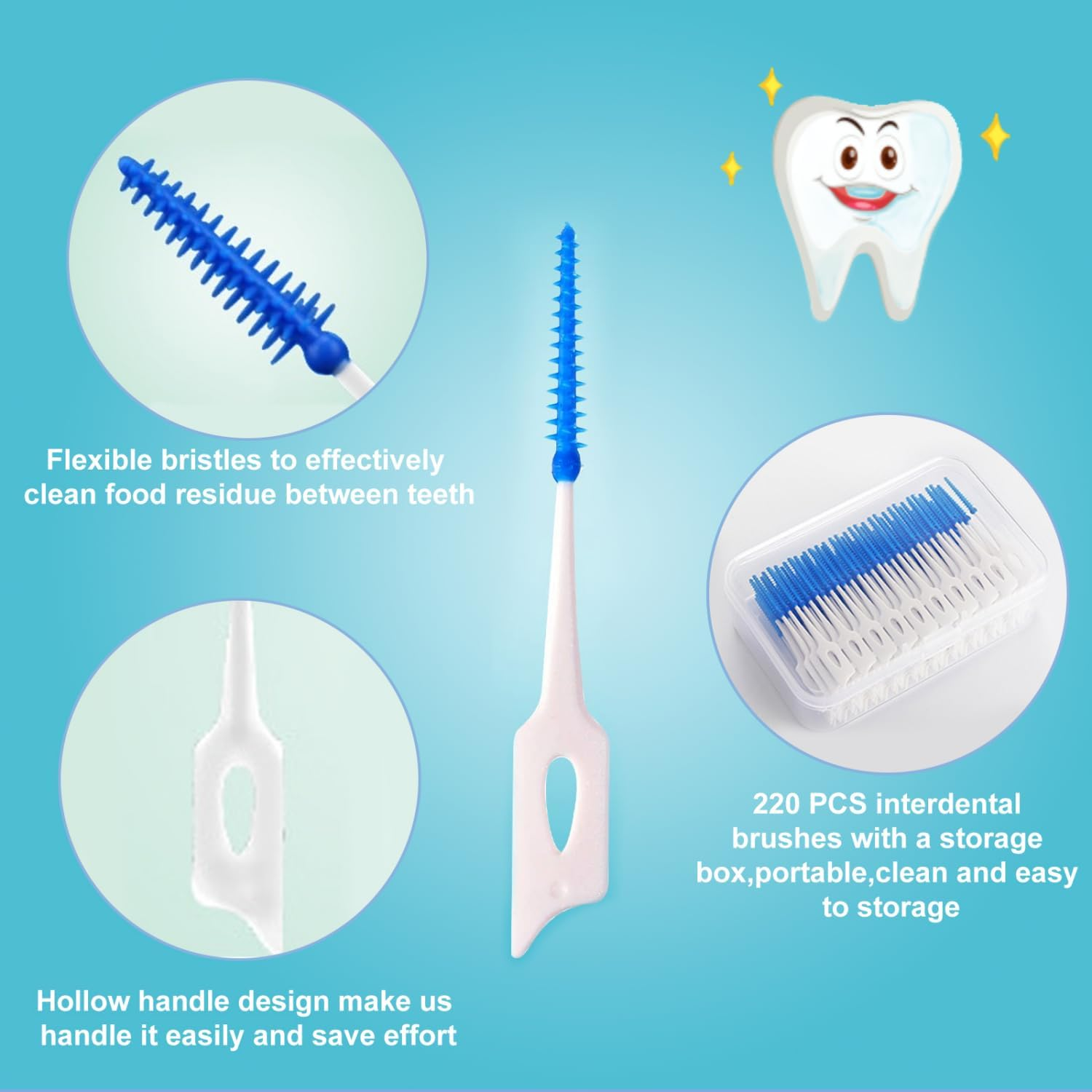 Interdental Brushes, Silicone Toothpicks, Floss Sticks, Efficient Cleaning, Narrow Gaps, Blue Teepees Toothbrushes for Mouth Cleaning, 220 Pieces image number 2
