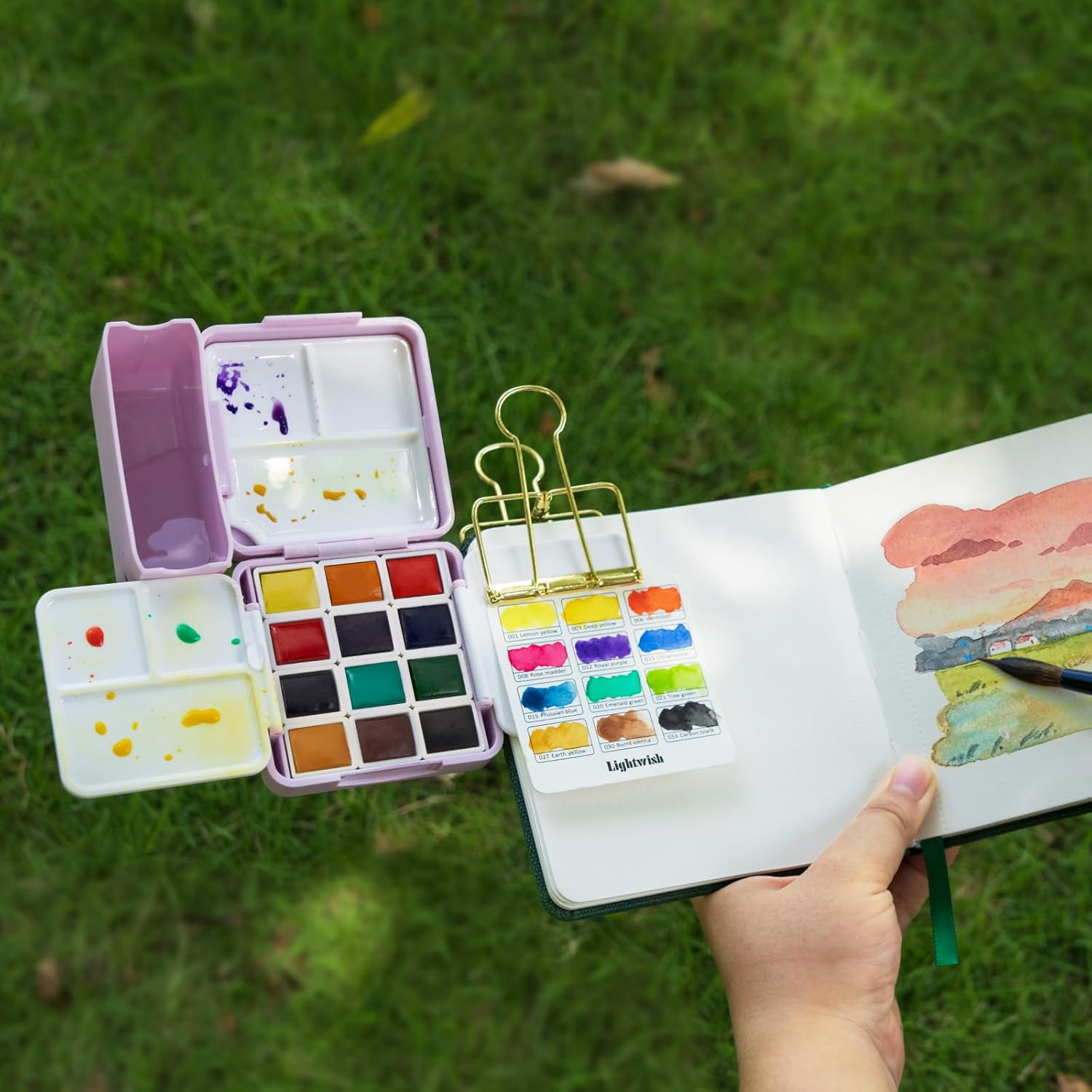 12 Colors Pocket Travel Watercolor Set, Mini Watercolor Paint Set with Portable Case,Coloring Mixing Palette, Water Wash Cup,For Adult Artist Beginner Watercolor Painting Lovers