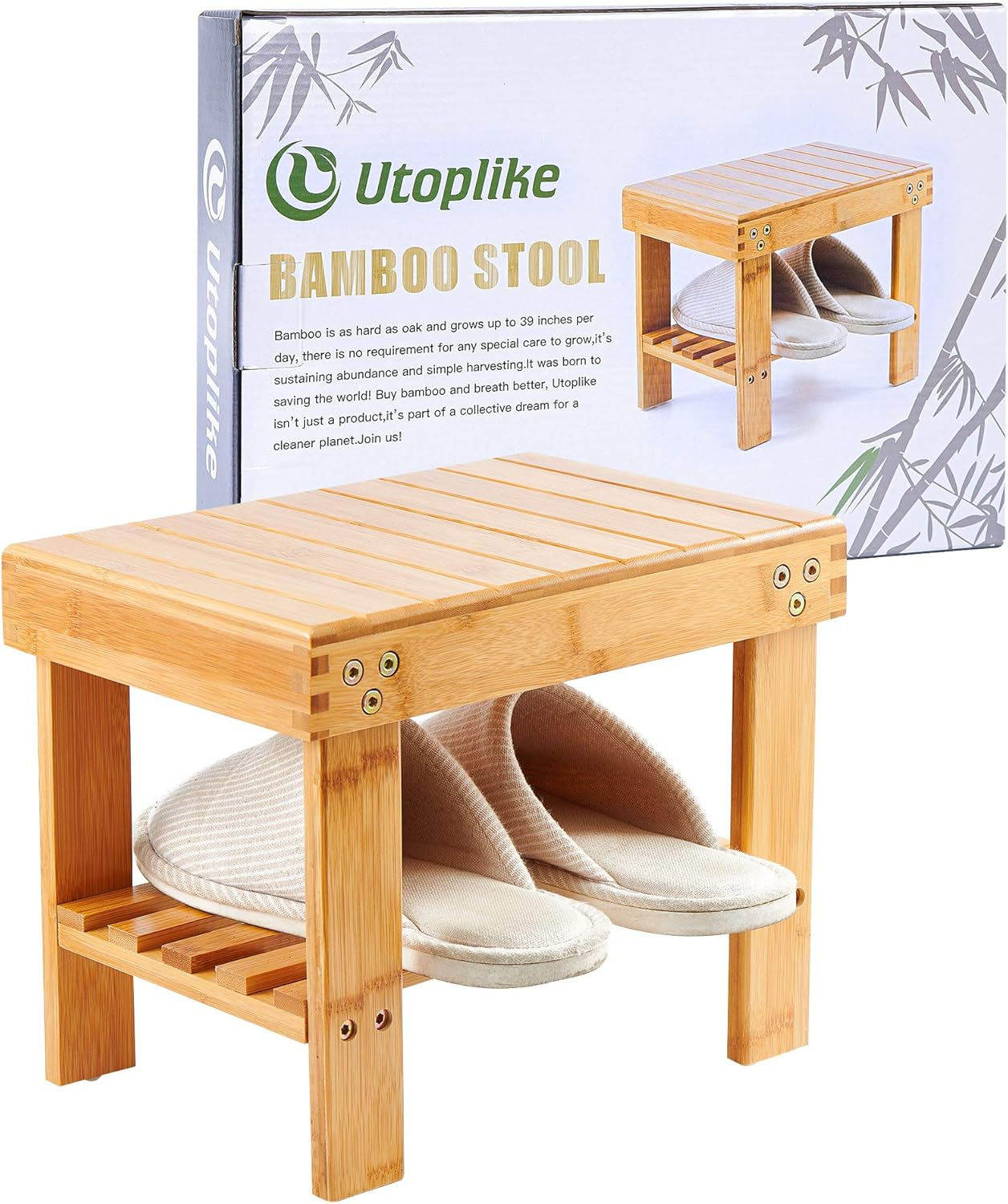 Utoplike Step Stool, Bamboo Small Stool, Bedside Stepstools for High Beds, Foot Rest Stool with Storage Shelf for Bedroom, Shower, Non-Slip Light Weight image number 1