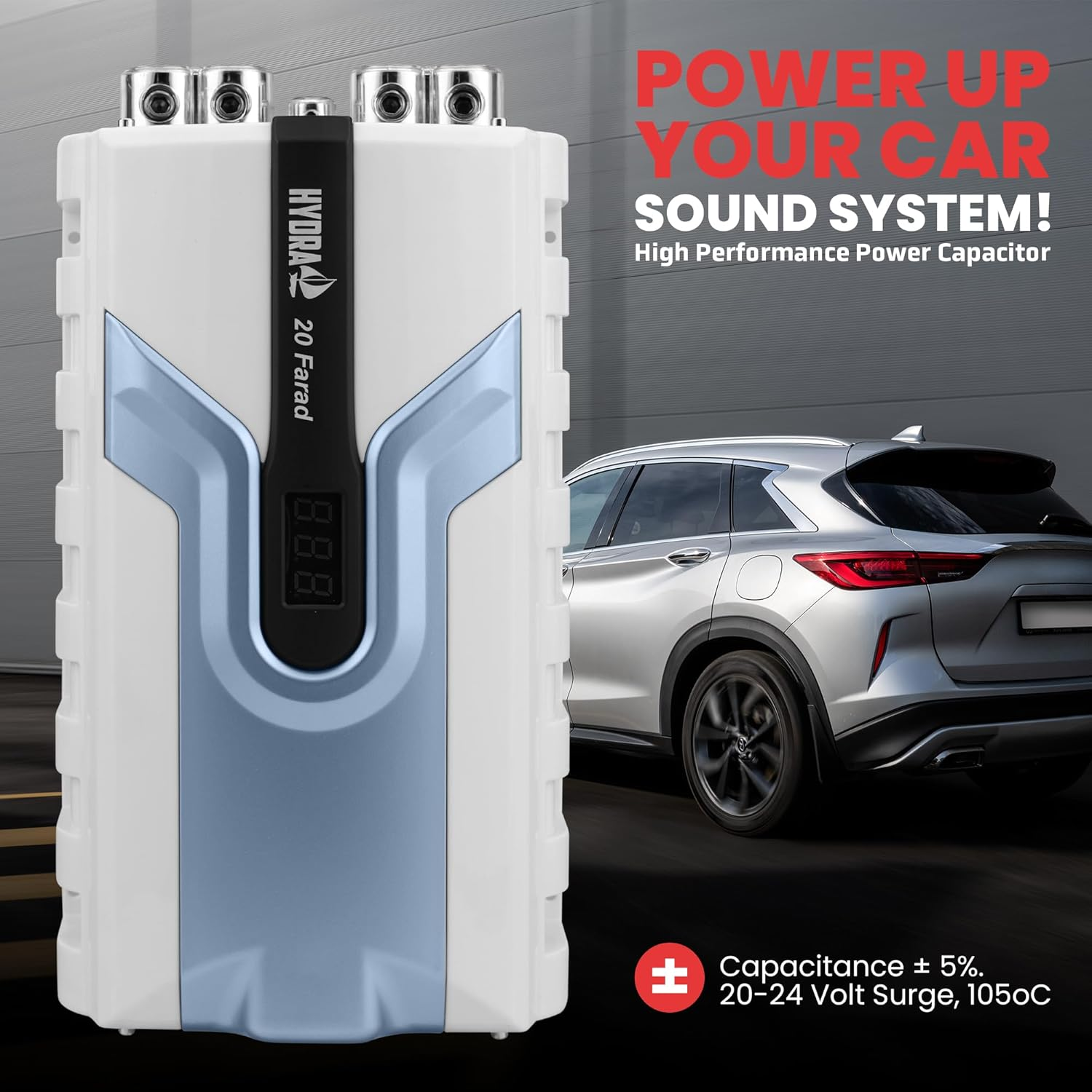 Pyle 20 Farad Digital Power Capacitor, High-Performance Car Audio Accessory with Blue Digital Display Voltage Readout and LED Flash, over Voltage Protection, Mounting Hardware, DC 12-24V