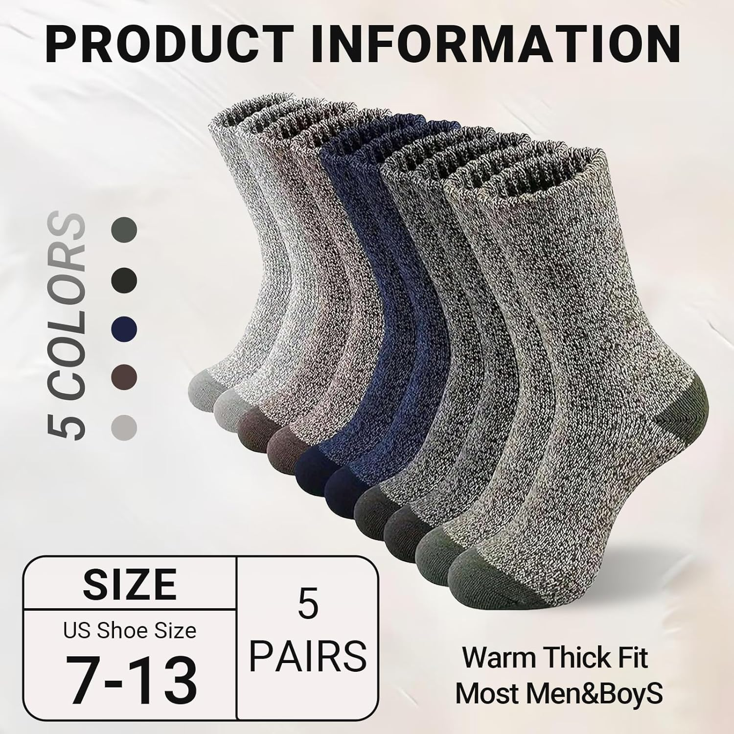 JOWILIN Merino Wool Socks for Men, 5 Pairs Thermal Warm Sock, Winter Thick Crew Socks, Cozy Crew Hiiking Socks for Cold Weather Oudoor Hiking Camping Skiing for Men Women image number 1