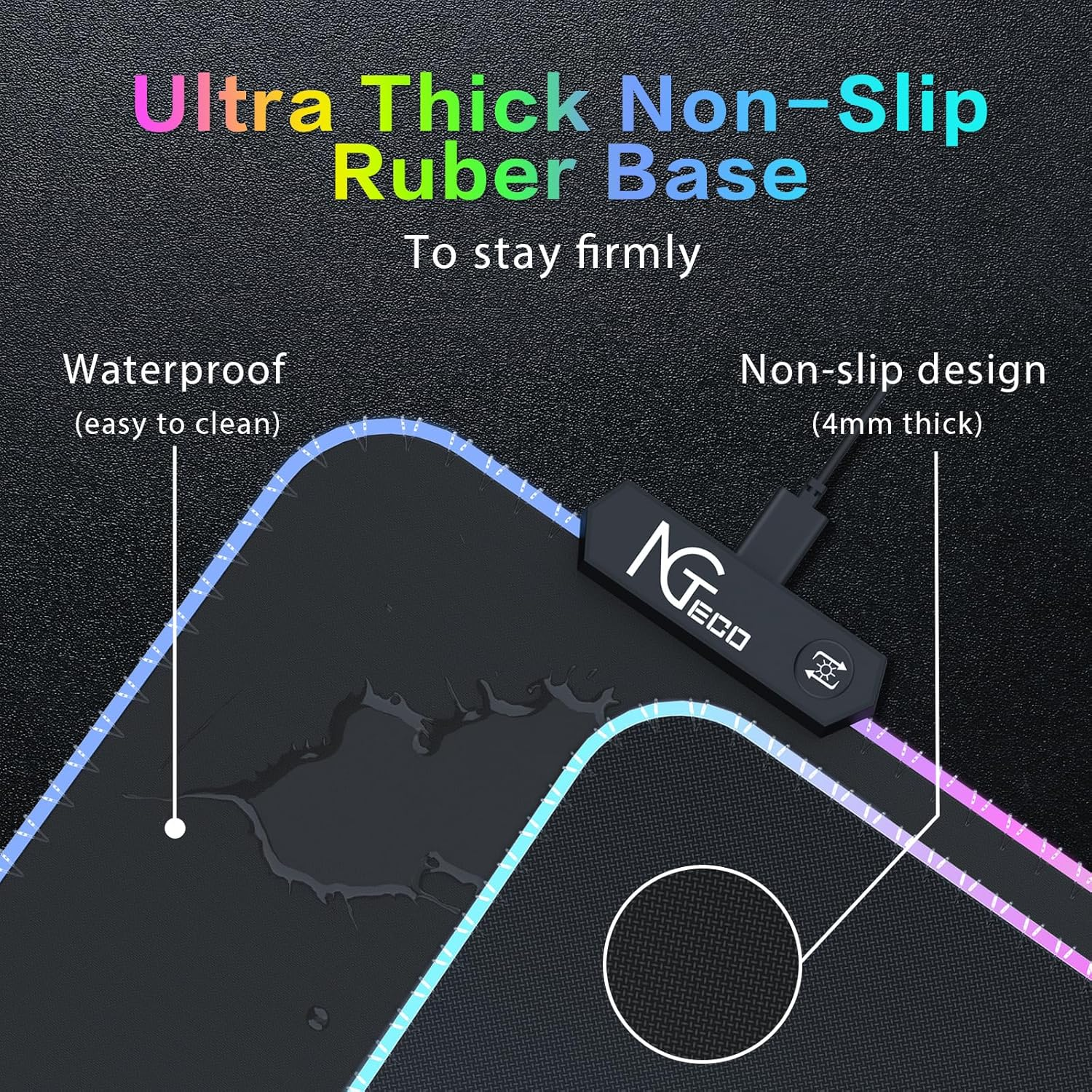 Ngteco Gaming Mouse Pad, Extra Large Desk Mat 90X40Cm with 14 Lighting Modes, Thickened 5Mm XXL Waterproof Non-Slip Rubber Gaming Mat for PC and Keyboard - Black image number 4