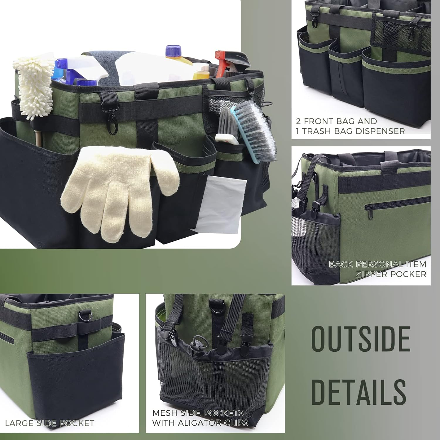 SCAVATA Wearable Cleaning Caddy, Cleaning Caddy Supplies Organizer with Handle & Shoulder Straps for Housekeepers, under Sink & Car Cleaning Tool Organizers Bags with Multiple Compartments, Green image number 2