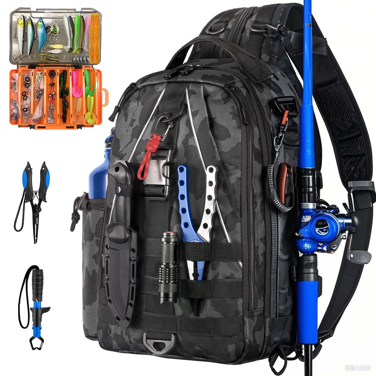 Multifunctional Fishing Gear Bag with Waterproof Compartments, Tackle Boxes & Rod Strap &ndash; Ideal Backpack for Outdoor Anglers with Tools like Lures, Pliers & Grippers image number 4