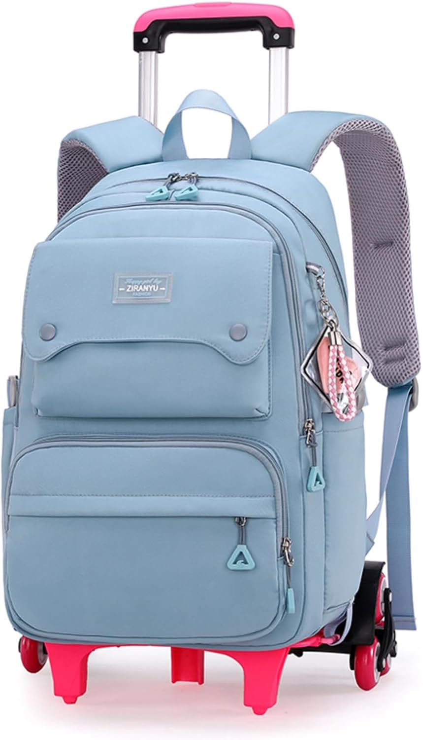 LANSHIYA Solid Color Girls Rolling Backpack with Wheels Schoolbag Elementary School Student Trolley Daypack
