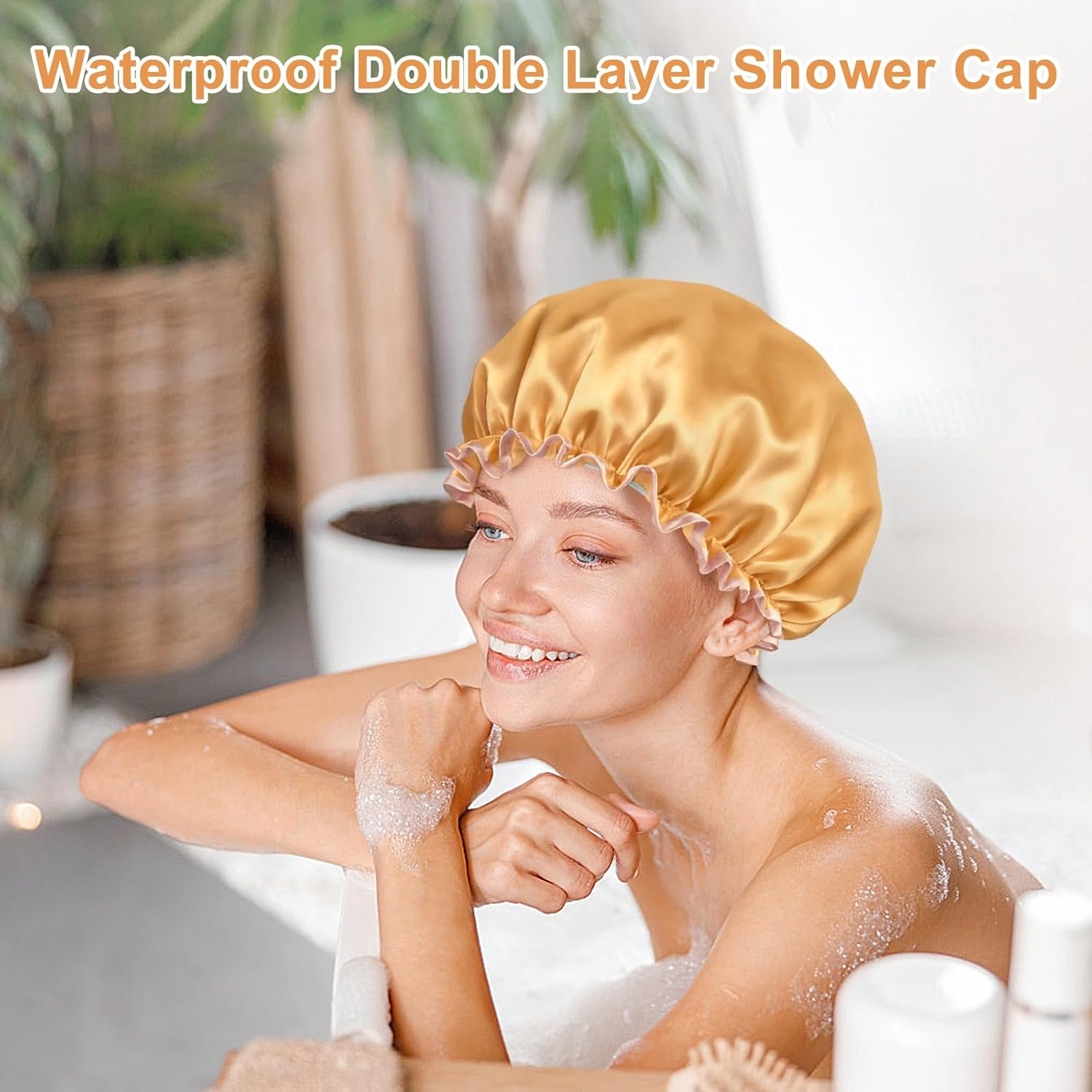 Double Layer Waterproof Shower Cap with Elastic Band, Reusable Bath Cap for Women -Large Waterproof Plastic Shower Hat for Long, Short and Curly Hairs Spa Salon (Champagne) image number 1