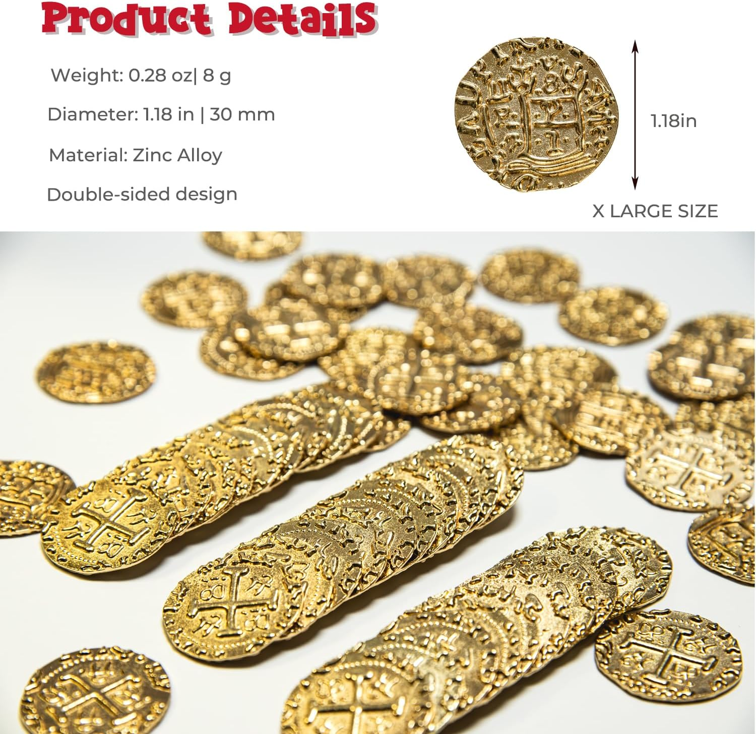 Metal Pirate Coins, Prefdo 100PCS X Large Gold Treasure Coin Set Spanish Doubloon Replicas Fantasy Metal Coins Pirate Gold Coins Tokens for Board Games Pirate Party Cosplay image number 1