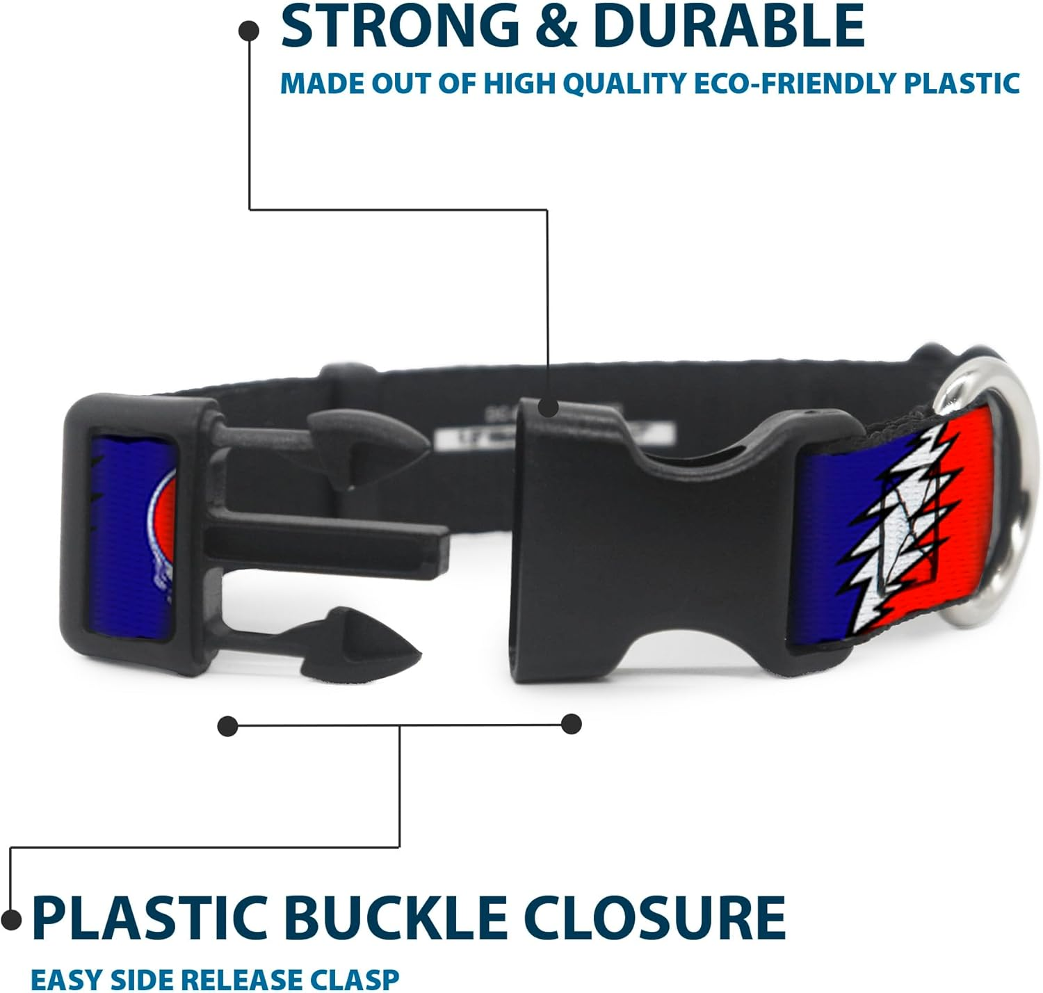 Dog Collar Plastic Clip Steal Your Face Lightning Bolt Repeat Red White Blue 15 to 26 Inches 1.0 Inch Wide image number 2
