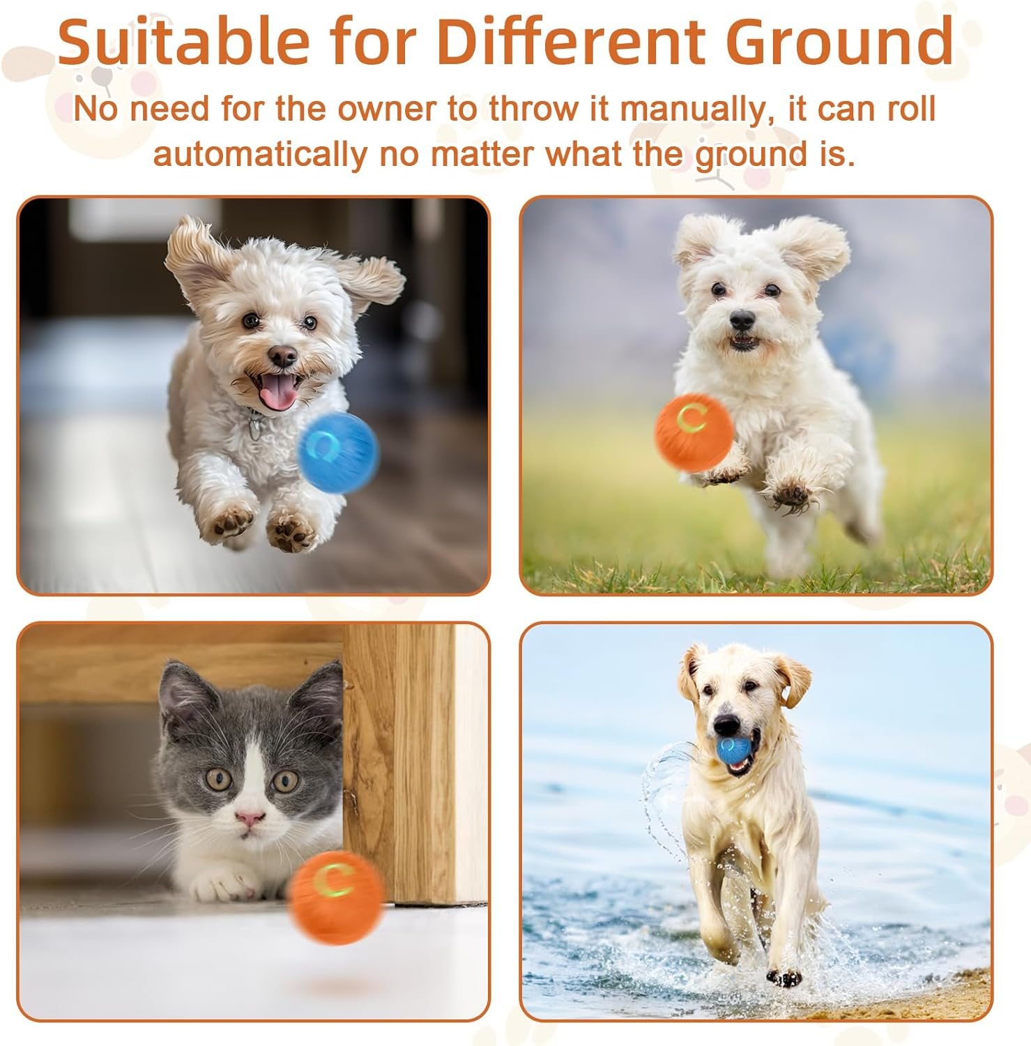 MR.TIMELAG Smart Interactive Dog Toy, Moving Activated Automatic Bouncing Rolling Dog Balls with Led Lights, Durable Sports Pet Toy For/Small/Medium Dogs,Usb Rechargeable(Orange+Blue) image number 3