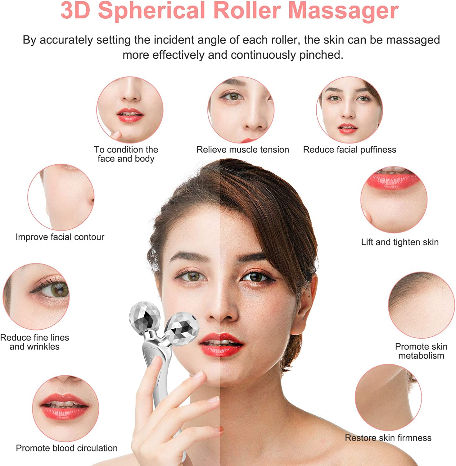 SZMDLX 3D Facial Roller Massager, Y-Shape Ball Roller Face Massager Tool for Skin Tightening, Lift Face Contour and Reduce Puffiness, anti Aging Wrinkle, Firm Body Skin (Silver) - Rose-Gold image number 3