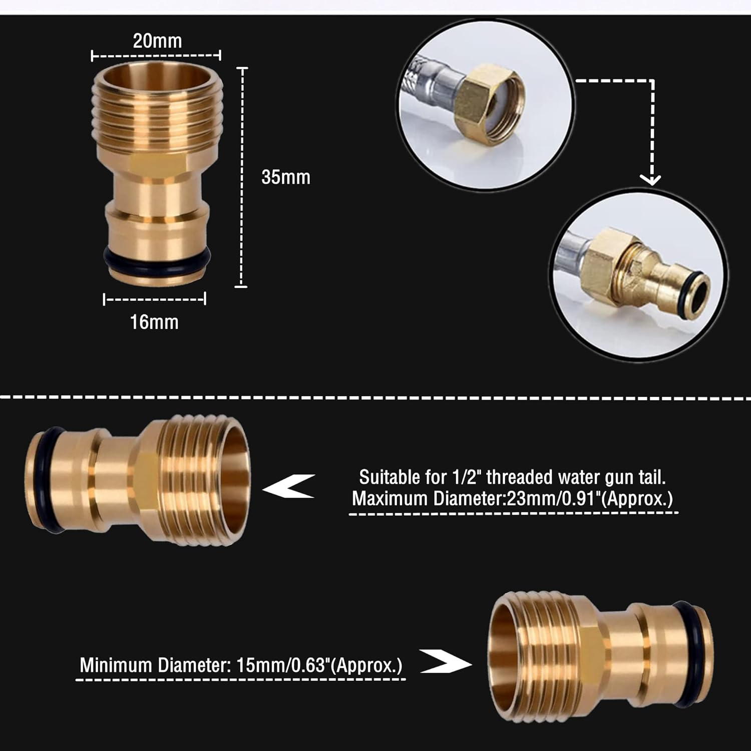 2 Pack Garden Hose Connector Shower Hose, 1/2 Inch Brass Male Threaded Tap Adapter, Shower Hose Connector Garden Hose Pipe, 1/2" BSP Hose Connector Male Watering Fittings(Brass 1/2 Inch Male Thread) image number 2