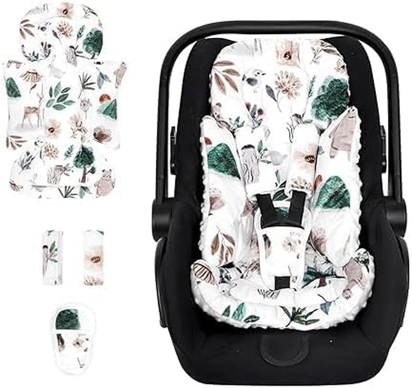 Infant Car Seat Insert and Strap Covers, Very Soft Car Seat Head and Body Support Baby Girl Boy, Reversible Newborn Carseat Insert Cushion Fits for Stroller, Baby Swing, Bouncer (White Animals) image number 1