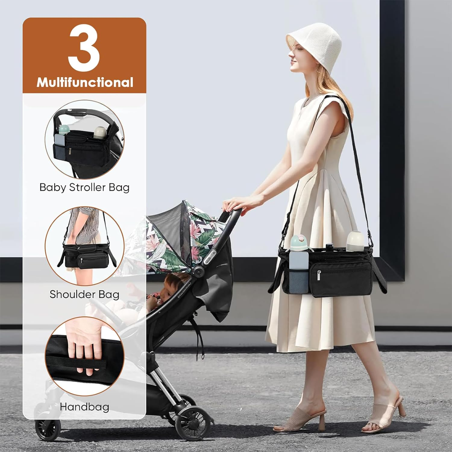 Fxvhojq Baby Stroller Organizer Newborn Baby Girl or Boy Tote with 2 Cup Holder Waterproof Oxford Stroller Caddy Organizer with Detachable Pocket for New Parents, New Mom (Black) image number 4