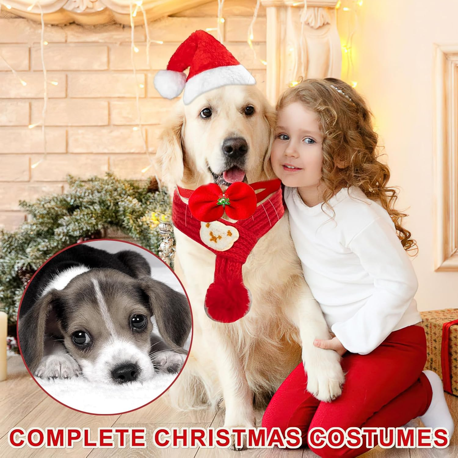 3 Piece Christmas Pet Dog Cat Outfit with Knitted Scarf, Santa Hat and Bow Tie, Festive Season, Red, Suitable for Small and Medium Pets