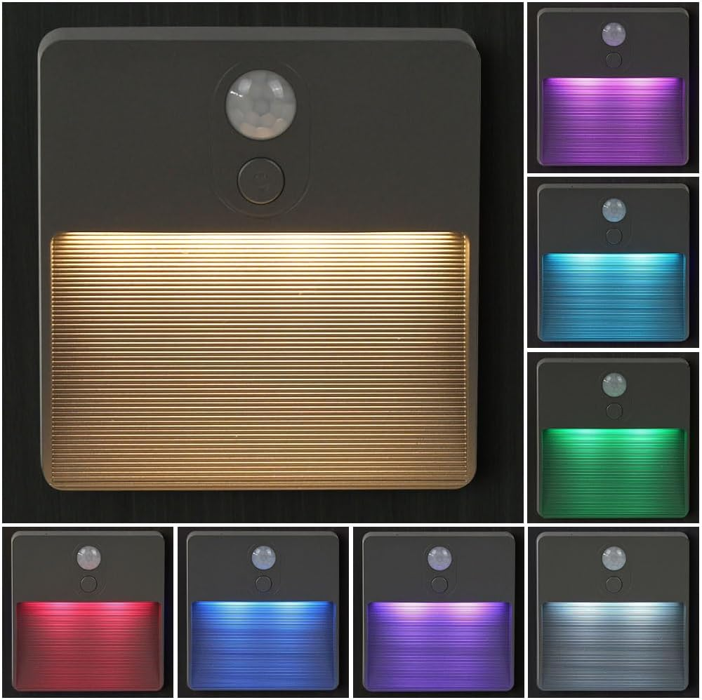 HOTUT Motion Sensor Night Light,2Pcs Stick-On Battery Powered Night Lights,Warm Light,4 RGB Colors,Auto/On/Off Light,Stair Sensor Lights Indoors,Night Light for Stair,Hallway,Kitchen,Closet (Gray) - Grey-2Pcs image number 4