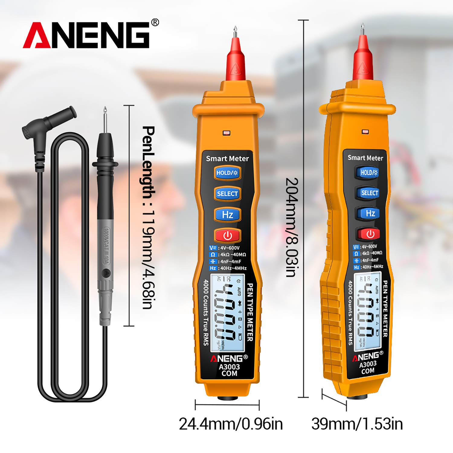 Digital Pen Multimeter NCV AC/DC Voltmeter Ohmmeter Resistance Capacitance Frequanecy Live Line Test Handheld 4000 Counts LCD Backlight Tester with Data Hold and Flashlight Yellow image number 5