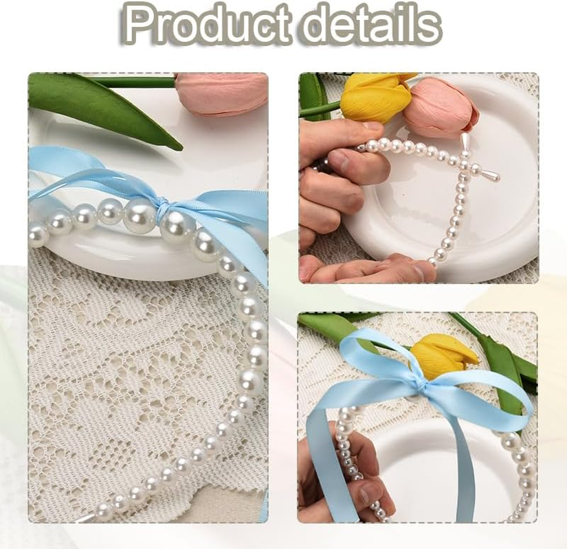 Pearl Bowknot Headband for Women Girls Blue Bow Knotted Hair Band for Women Girls Bridal Hair Decorations with Bows Female Pearl Headpiece - Blue image number 3