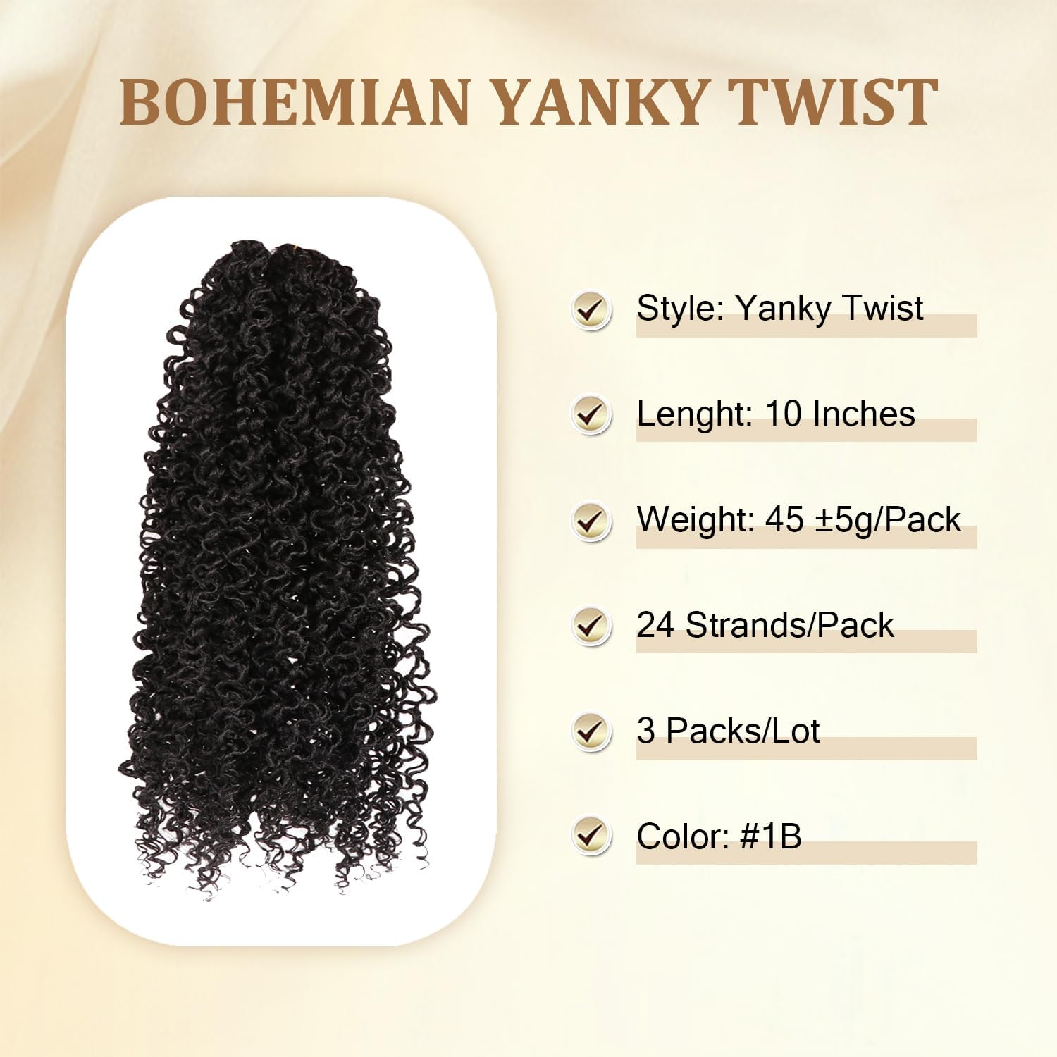 Bohemian Yanky Twist Crochet Hair Pre-Twisted Passion Twist Hair with Curly Ends Kinky Twists Pre-Looped Curly Wave Senegalese Twist Braids (1B#, 10 Inch (Pack of 3)) image number 3