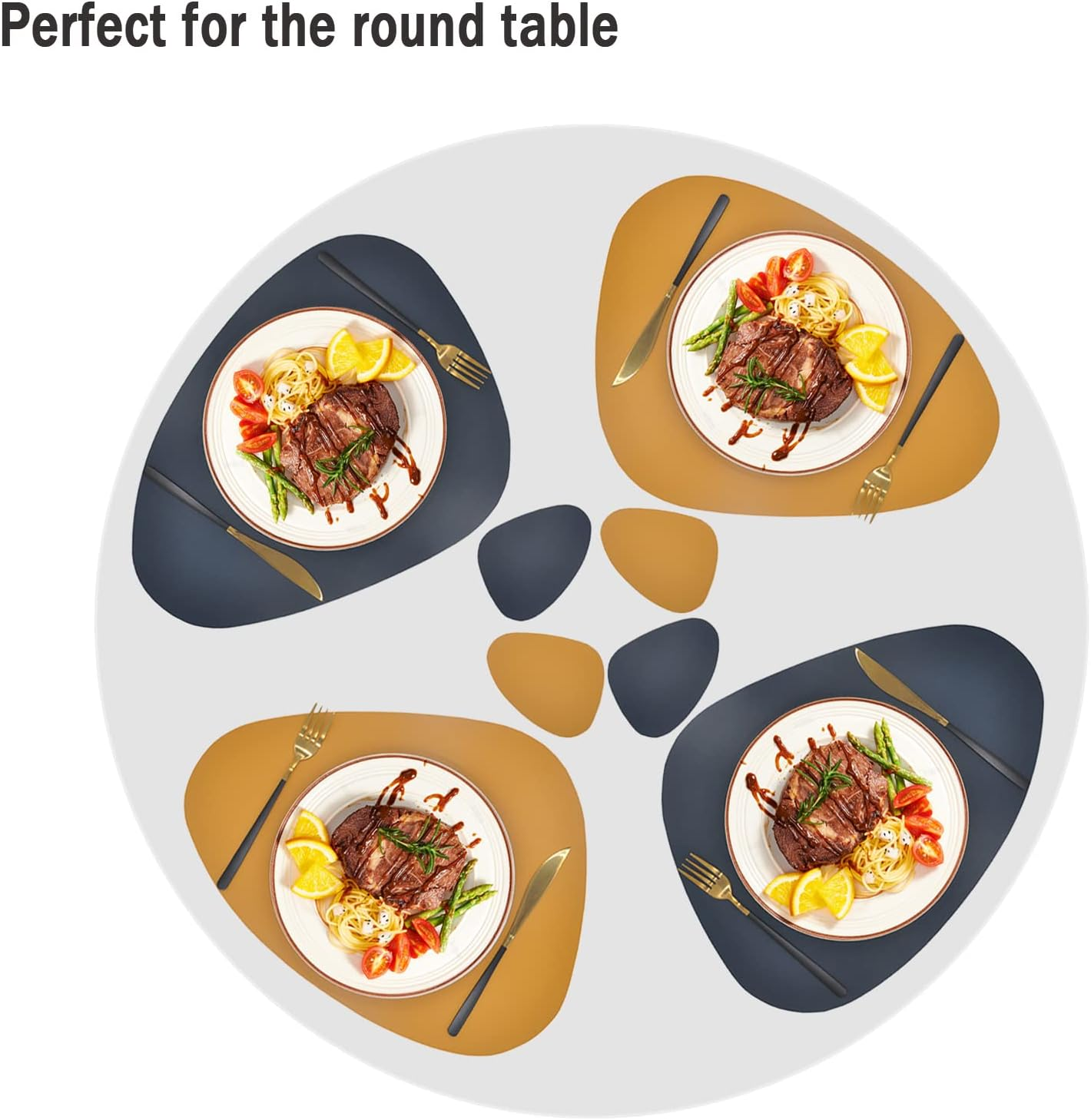 Faux Leather Placemats and Coaster Sets of 4 round - Washable Non-Slip PU Table Mat Wipeable Hot Resistant Place Mats for Kitchen Table (Blue-Yellow, 4)