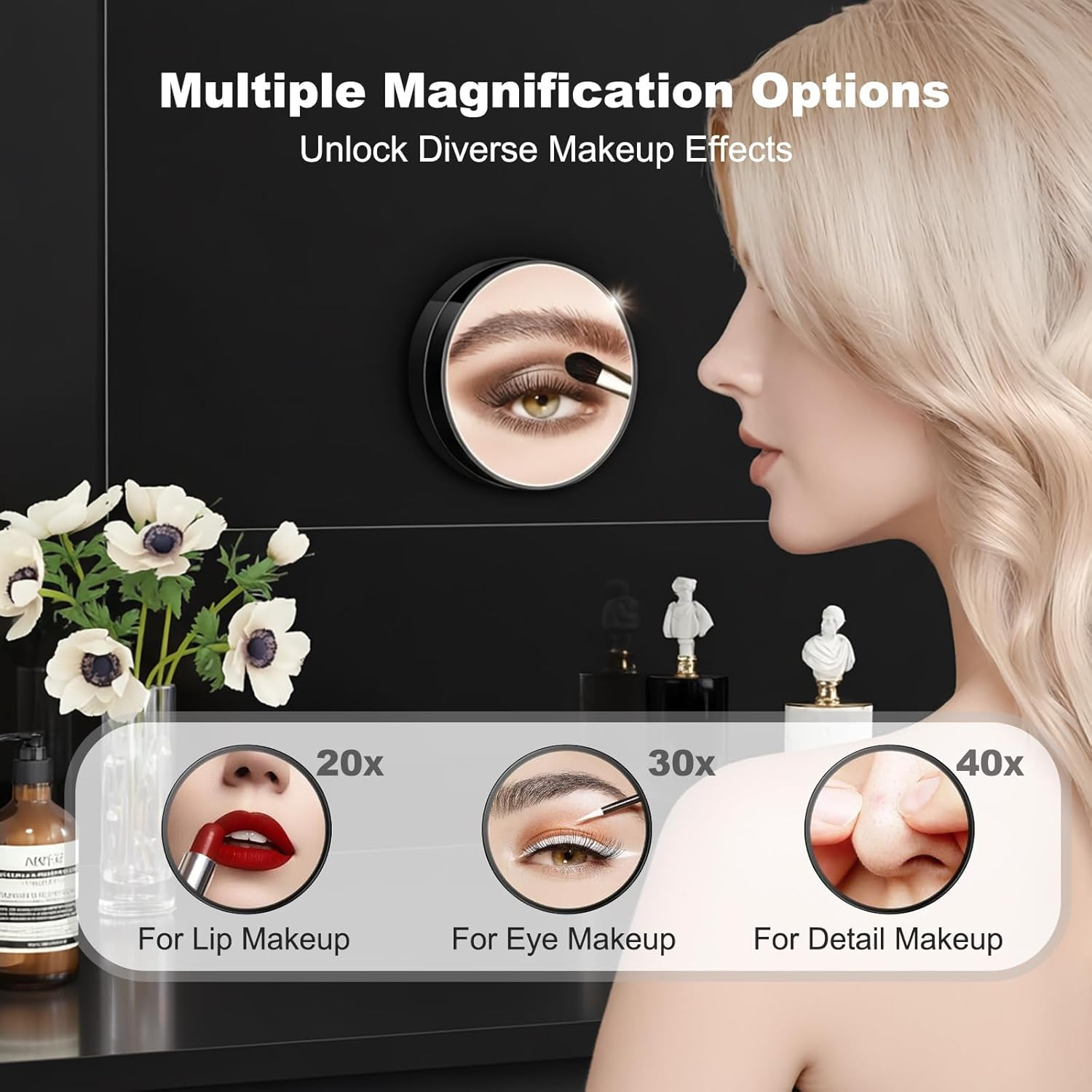 Magnifying Mirror Set, 20X&30X&40X Suction Cup Makeup Mirror, 2 Tweezers. 4.5 Inch Compact Mirror for Travel, Bathroom, Home, Gifts for Women image number 6