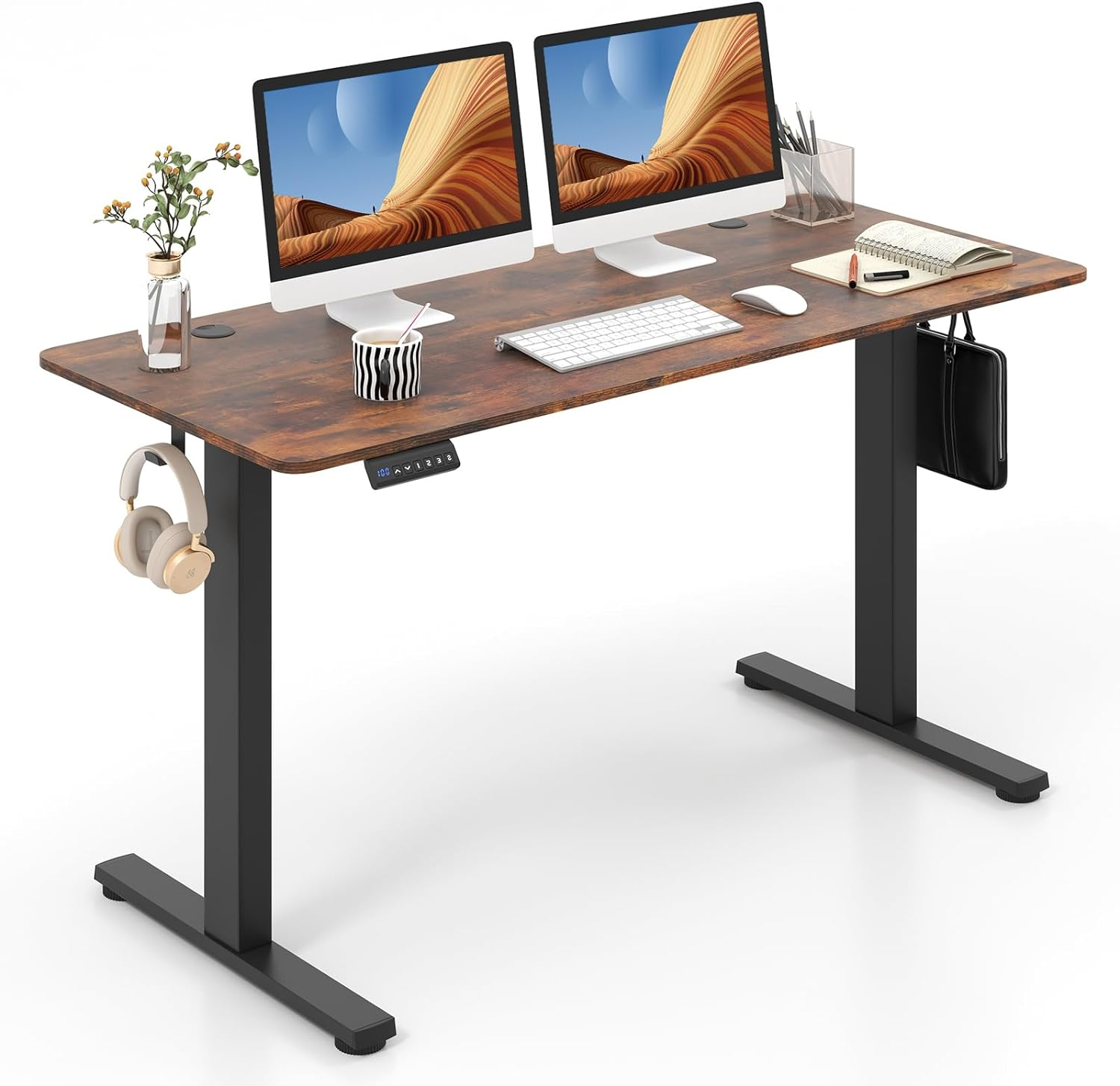Giantex Electric Standing Desk, 140 X 60 Cm Sit Stand Home Office Desk with 3 Memory Height Settings, Height Adjustable Computer Desk with 2 Hanging Hooks & Cable Management (White)