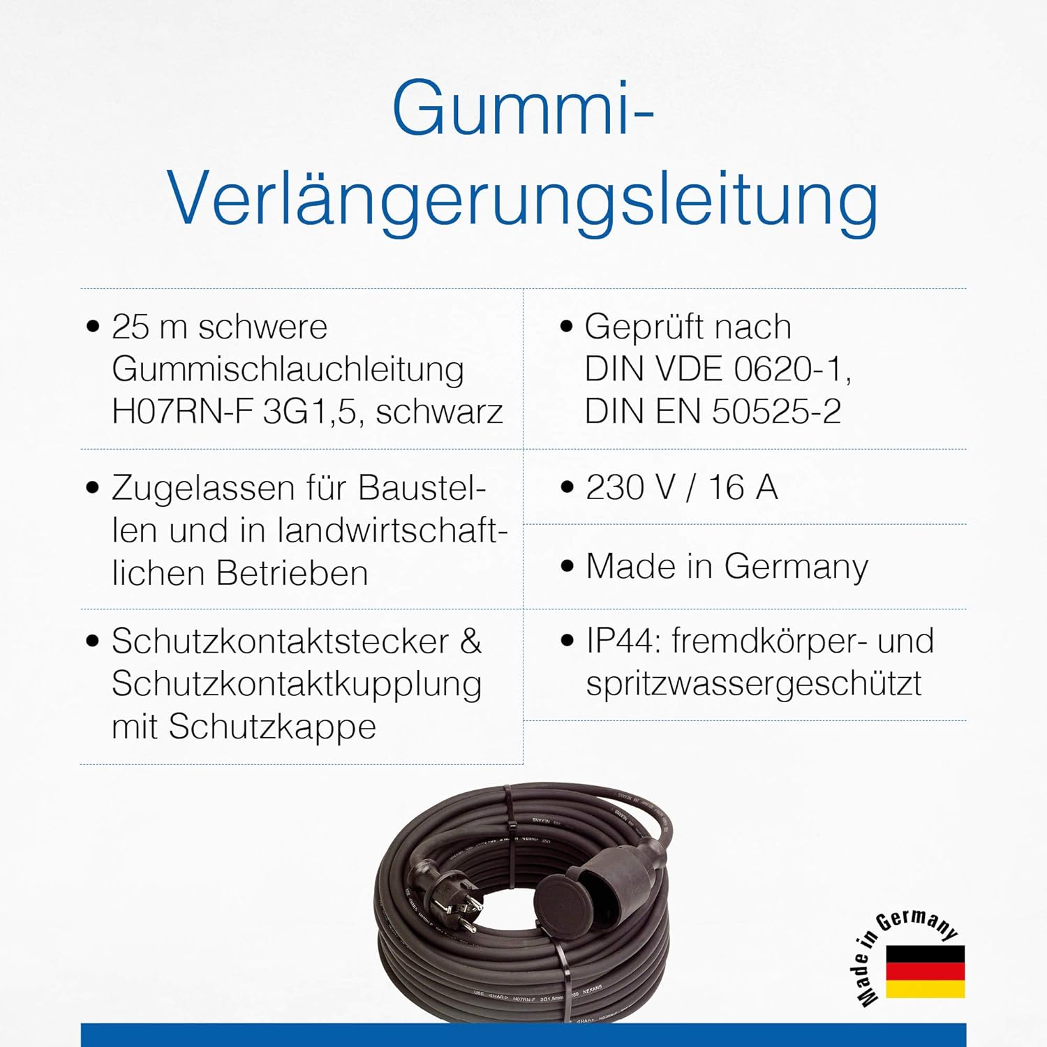 As &ndash; Schwabe Extension Cable, Heavy Rubber Hose Line, IP44 Protection Class, Suitable for Industry, Building Sites, Garden, Item Model Number: H07RN-F 3G1.5 image number 3
