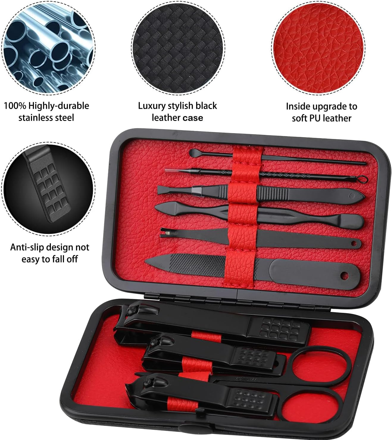 Manicure Set Nail Clippers Kit Professional Stainless Steel Nail Care Tools with Leather Travel Case 10 in 1 Black image number 2
