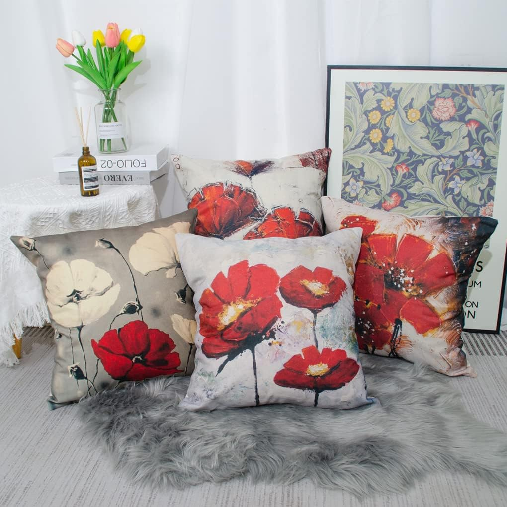 DILOXNSU Cushion Cover 50 X 50 Cm, Set of 4 Cushion Covers, Red Art Flower, Decorative Cushion, Modern Sofa Cushion, Linen Cushion Cover, Decorative Cushion, Aesthetic Couch Cushion, Cuddly Cushion image number 3
