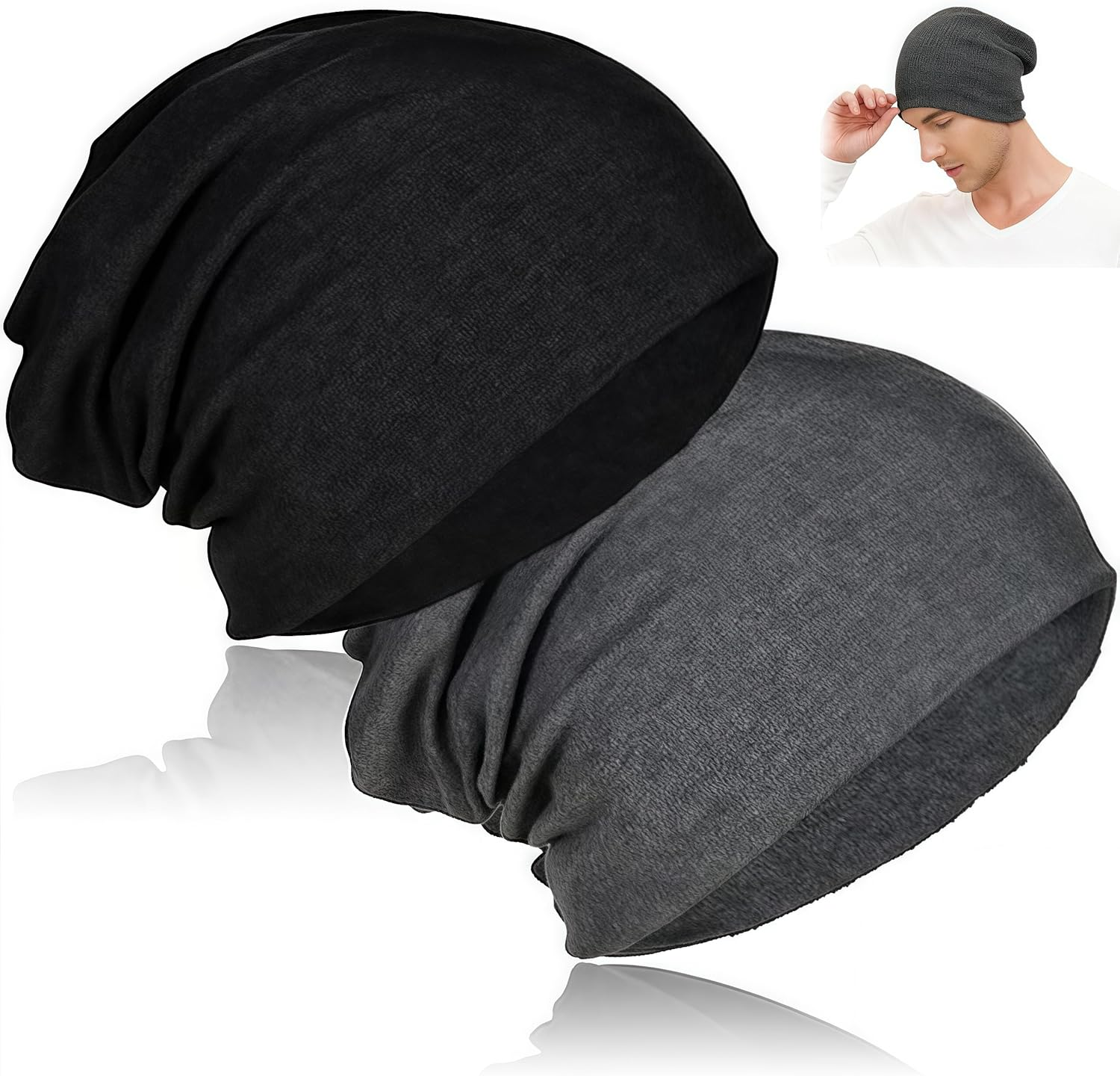 Tzylomirx 2 Pack Cotton Slouchy Beanie Hats - Breathable Lightweight Skull Cap for Men & Women, Stretchy Unisex Outdoor Beanie for Running Cycling Hiking, Breathable Chemo Hats Black image number 5