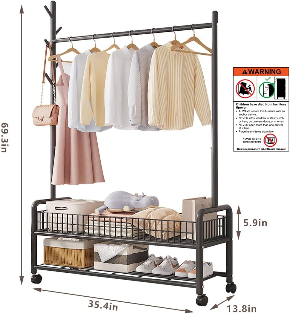Clothes Rack Clothing Rack Rolling Organizer with Wheels Bottom Shelves Double Tiers for Multipurpose image number 6