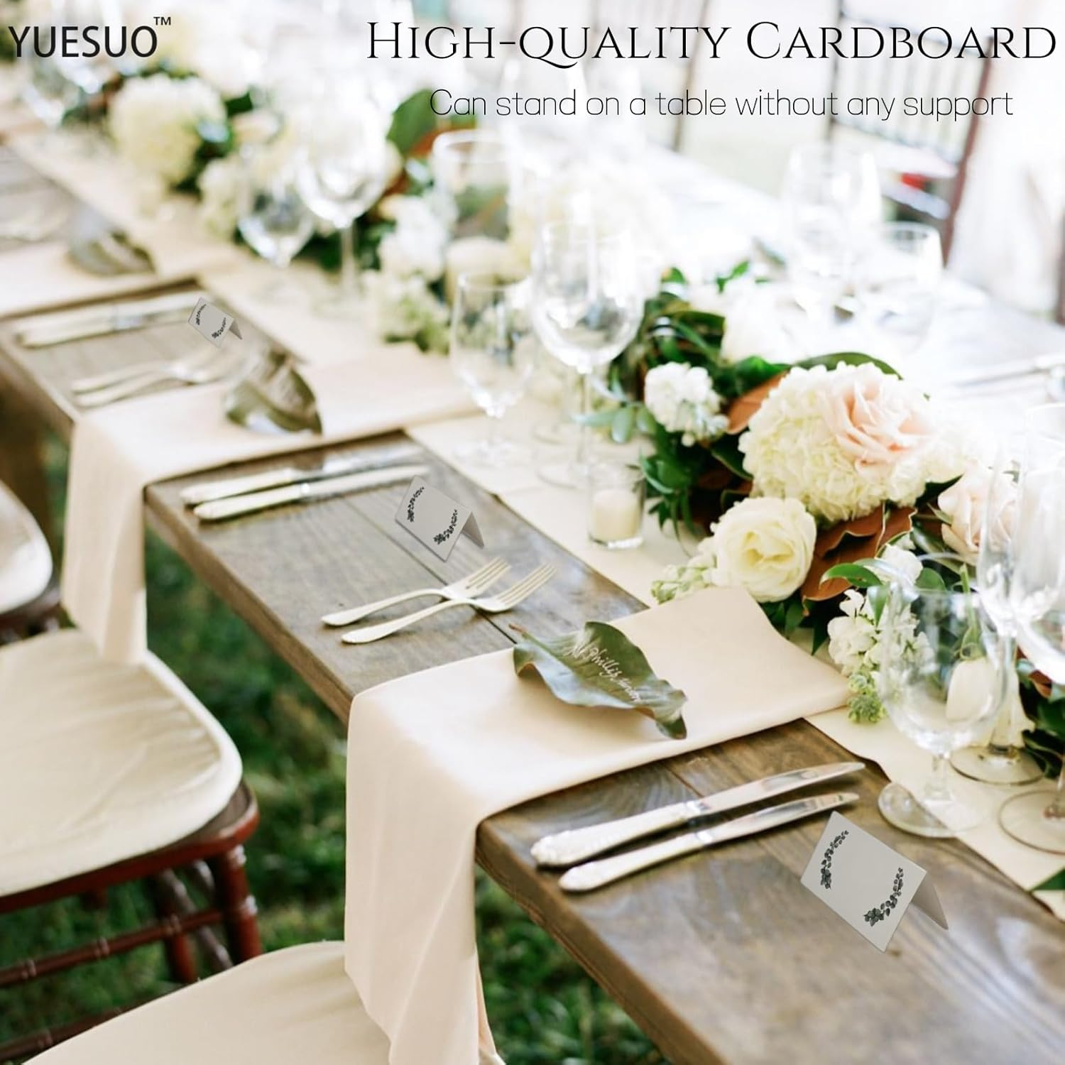 YUESUO 100PCS Green Leaves Watercolor Place Cards Folded Tented Blank Table Cards Name Card for Weddings,Parties, Business Events Decorations 2" X 3.5" (Green) image number 2