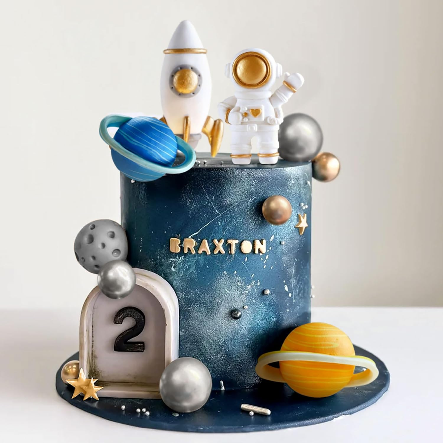 Jevenis Outer Space Cake Toppers Astronaut Rocket Stars Cake Decorations for Two the Moon First Trip around the Sun Birthday Baby Shower image number 2