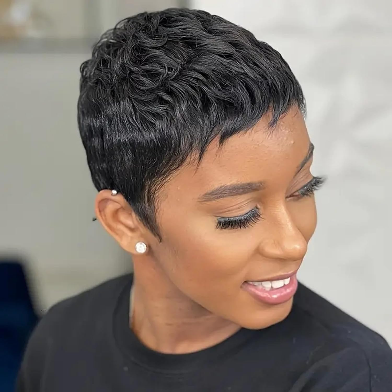 VCK Short Human Hair Wigs for Black Women Short Layered Pixie Cut for Women Black Bob Brazilian Remy Human Hair Glueless Full Machine Made image number 4